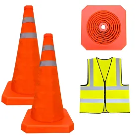 18 Inch 2 Pack Collapsible Traffic Safety Cones,Included a Reflective Vest, Multi Purpose Pop-up Cones with Reflective Collar for Road Safety, Orange Cones for Driving Training, Parking Lots