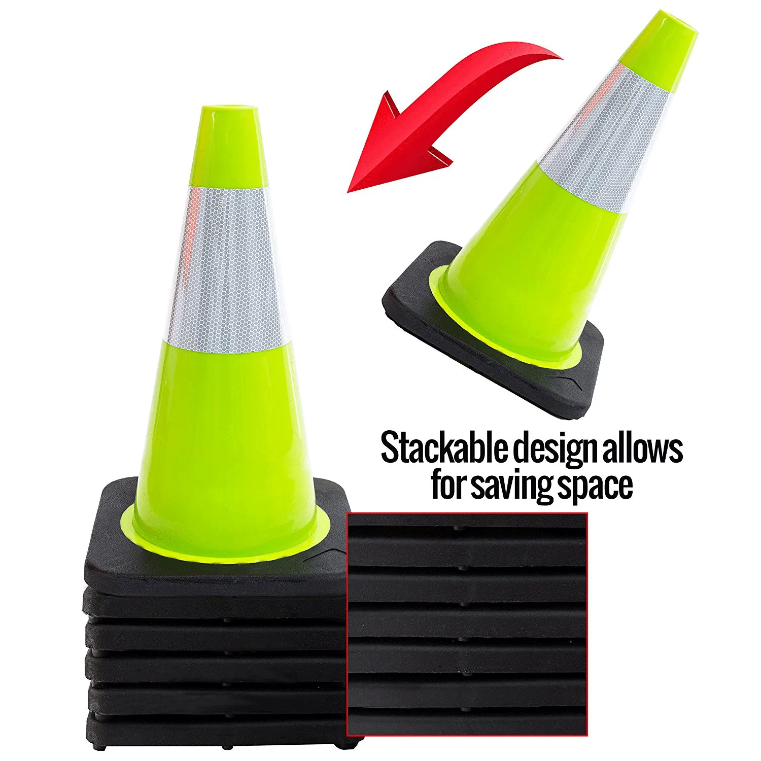18" Traffic Safety Cones, One Reflective Collar, Black Base - Lime