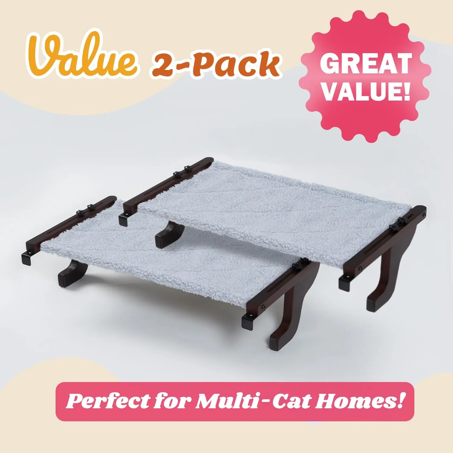2PC Easy Seat Cat Perch for Window Sill - Hammock Design w/Pine Wood & Robust Metal Frame - Cat Window Seat for Large Cats and Kittens (Dark Stained Wood w/Gray Bed, Large (26''W x 14''D)