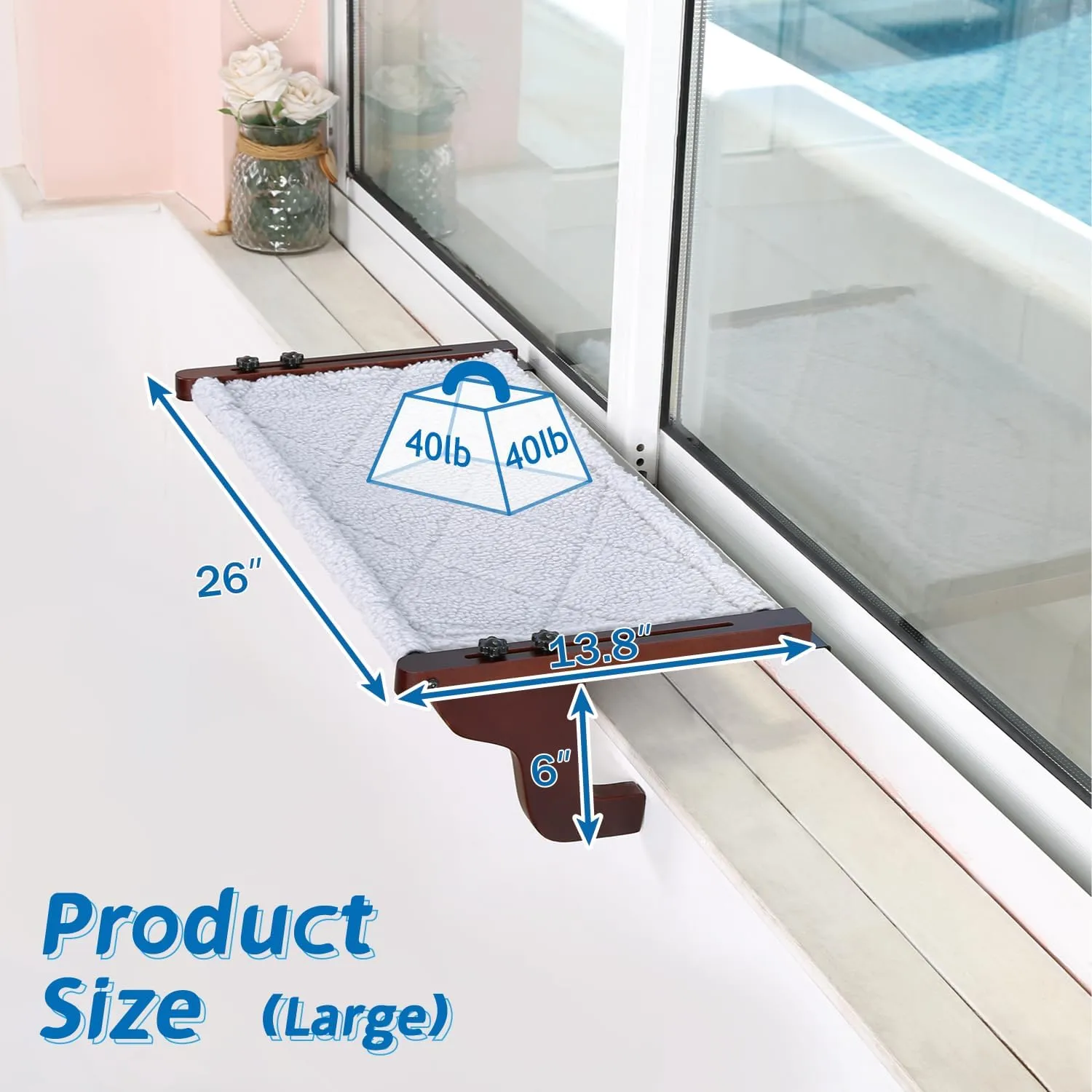 2PC Easy Seat Cat Perch for Window Sill - Hammock Design w/Pine Wood & Robust Metal Frame - Cat Window Seat for Large Cats and Kittens (Dark Stained Wood w/Gray Bed, Large (26''W x 14''D)