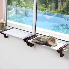 2PC Easy Seat Cat Perch for Window Sill - Hammock Design w/Pine Wood & Robust Metal Frame - Cat Window Seat for Large Cats and Kittens (Dark Stained Wood w/Gray Bed, Large (26''W x 14''D)