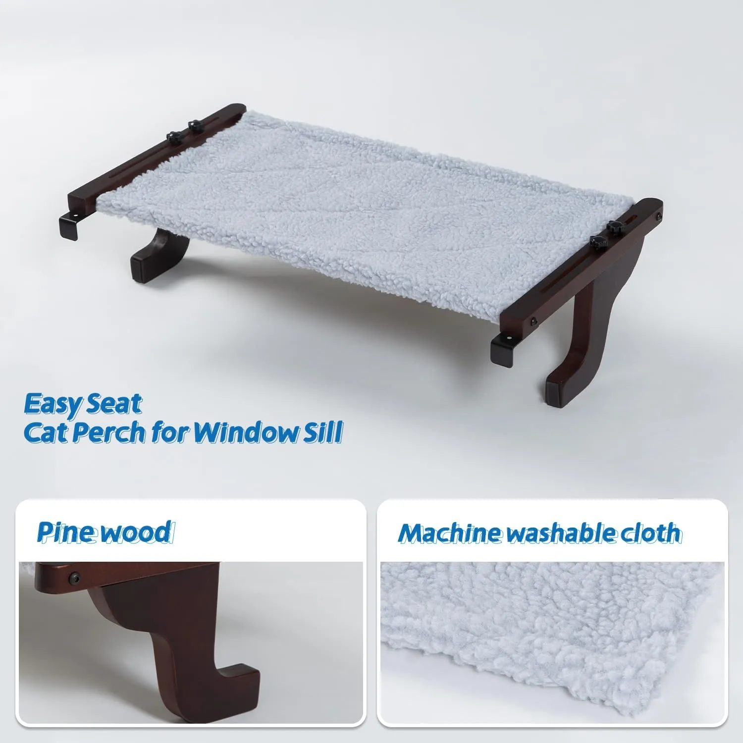 2PC Easy Seat Cat Perch for Window Sill - Hammock Design w/Pine Wood & Robust Metal Frame - Cat Window Seat for Large Cats and Kittens (Dark Stained Wood w/Gray Bed, Large (26''W x 14''D)