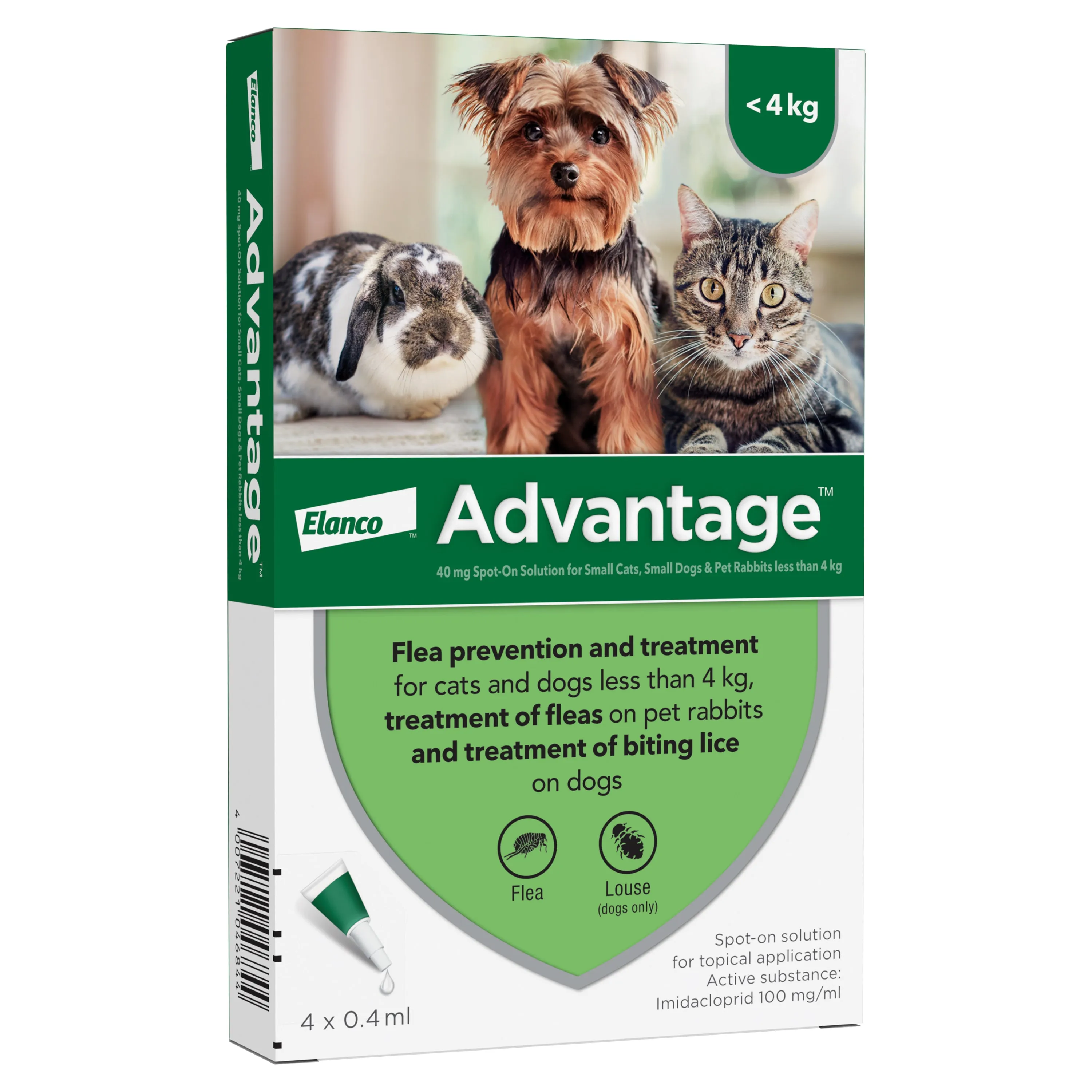 Advantage 40 Spot On Flea Control - Cats, Dogs & Rabbits up to 4kg (4 Pipettes)