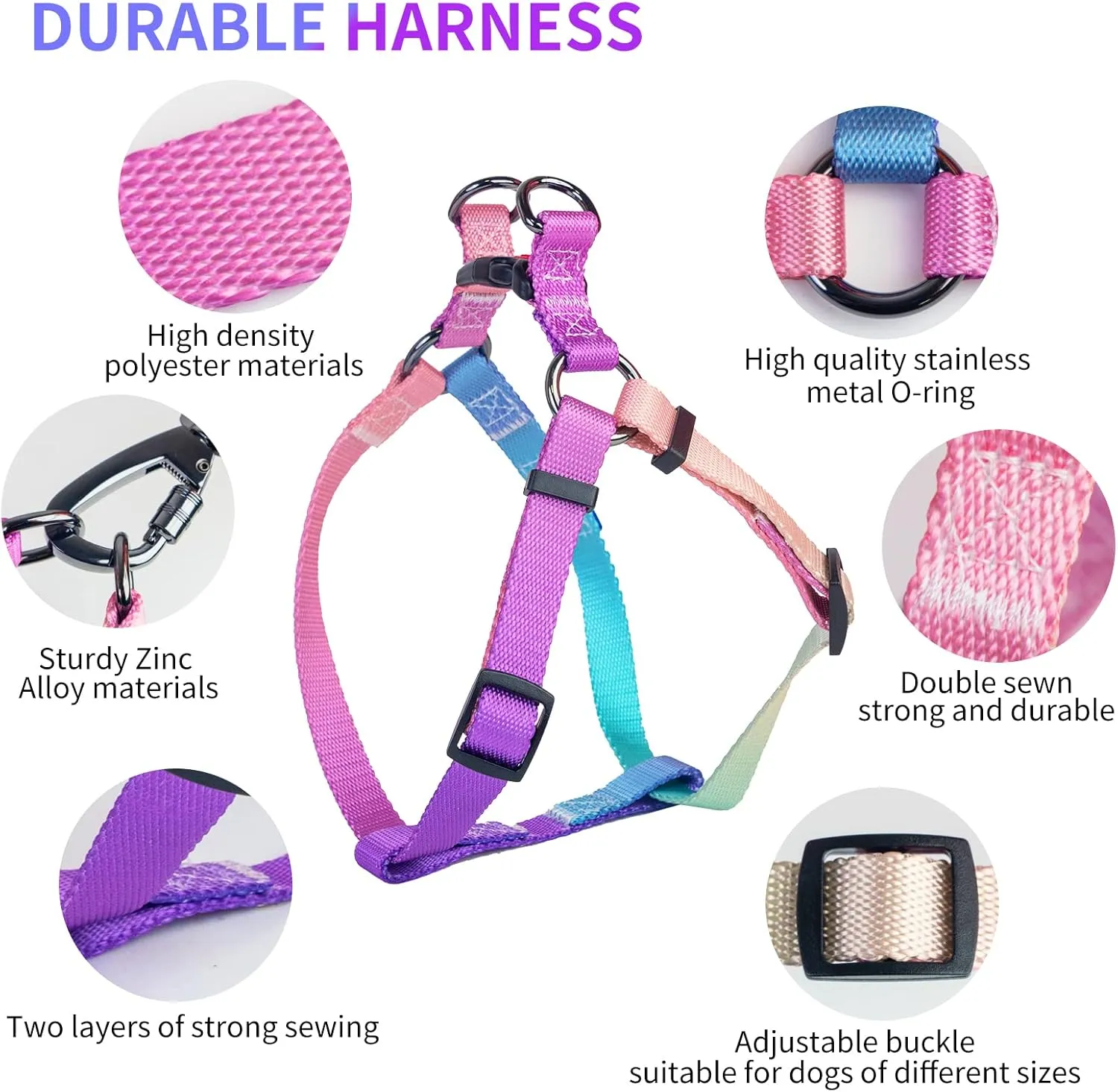 AIITLE No Pull Dog Harness & Leash & Collar - Adjustable Basic Collar with A Heavy Duty Leash - Super Sturdy Buckle and D Ring - Training Running for Large Dogs, Pink Gradient L