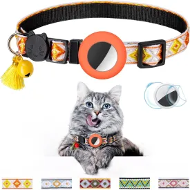 Airtag Cat Collar with Bell Adjustable Breakaway Kitten Collars:- Safety Buckle and Silicone Air Tag Holder Case Compatible with Apple Airtag Geometric Pattern Pet Collar (Orange)