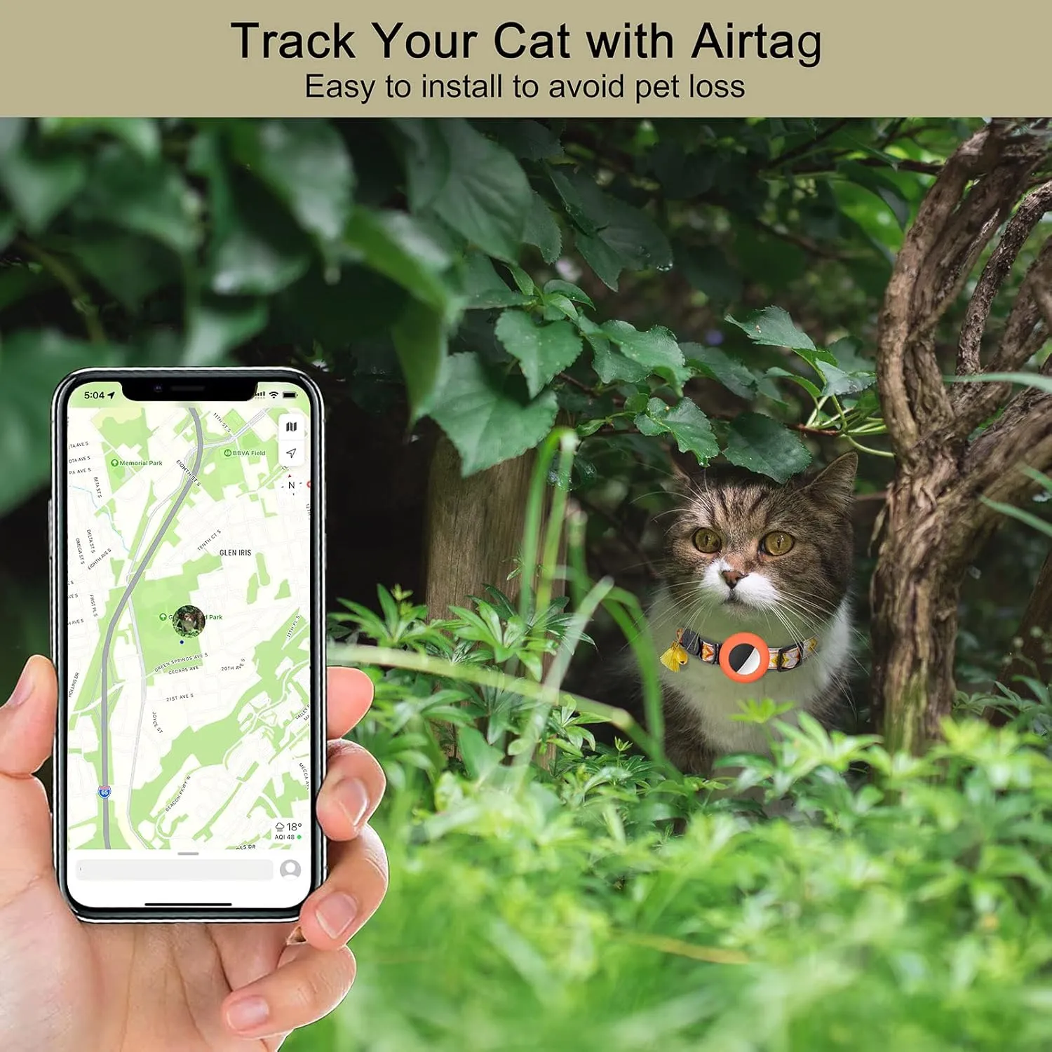 Airtag Cat Collar with Bell Adjustable Breakaway Kitten Collars:- Safety Buckle and Silicone Air Tag Holder Case Compatible with Apple Airtag Geometric Pattern Pet Collar (Orange)