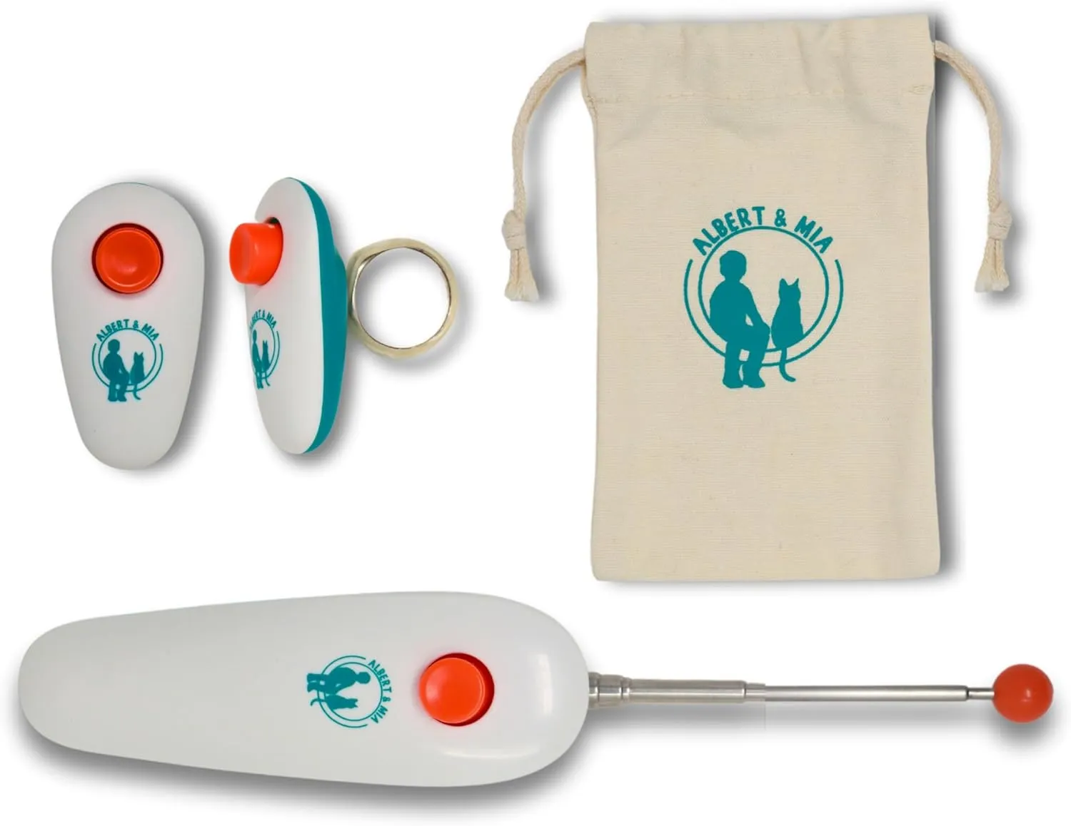 ALBERT & MIA Cat Training Kit (4 Pieces) - Quiet Clicker   Target Stick Clicker   Treats Pouch   Cat Clicker Training Start Guide (Beginner to Expert)