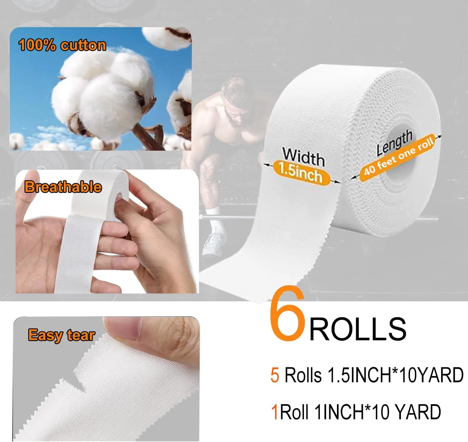 ANAMPION (6 Pack) White Athletic Sports Tape Very Strong Easy Tear No Sticky Residue Tape for Athlete & Sport Trainers & First Aid Wrap,Suitable for Bats,Tennis,Gymnastics & Boxing