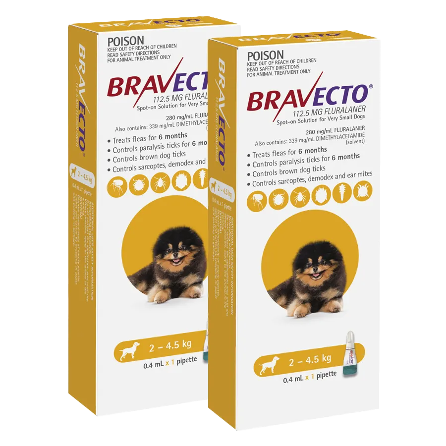 Bravecto Spot-on for Dogs 2kg-4.5kg (Yellow) - 2 Pack Value Bundle