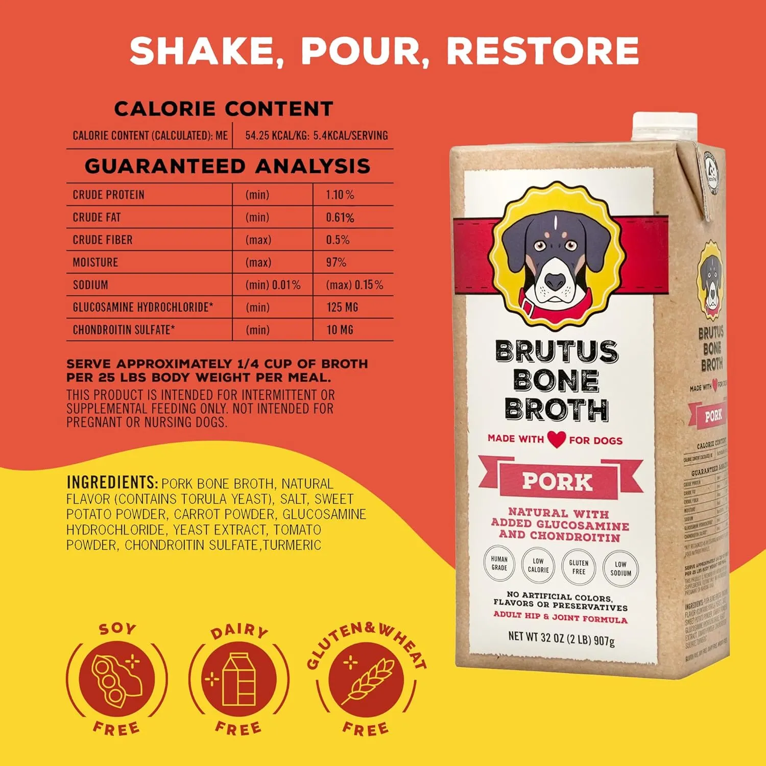 Brutus Bone Broth for Dogs | All Natural | Made in USA | Glucosamine & Chondroitin for Healthy Joints | Human Grade Ingredients | Hydrating Dog Sauce Food Topper, Gravy & Treat (Pork, 6-Pack)