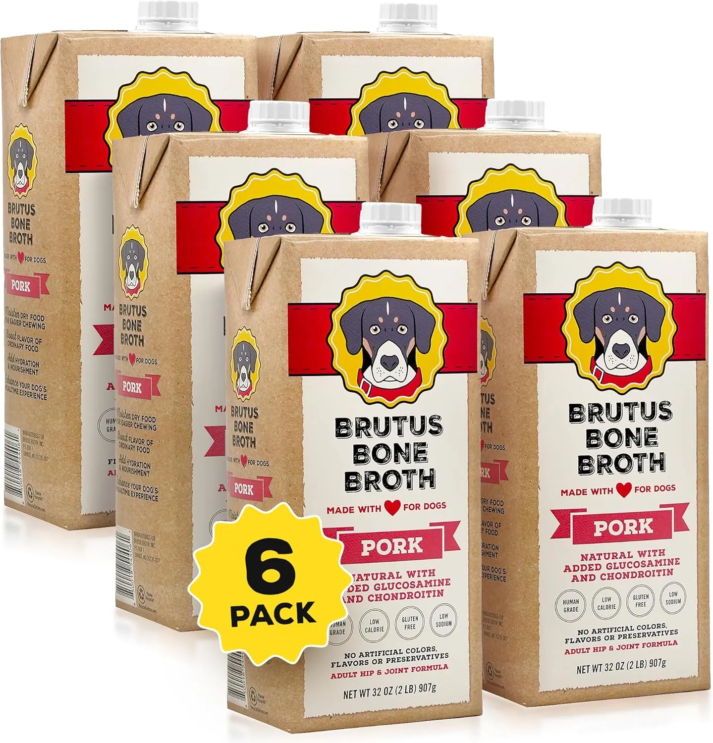Brutus Bone Broth for Dogs | All Natural | Made in USA | Glucosamine & Chondroitin for Healthy Joints | Human Grade Ingredients | Hydrating Dog Sauce Food Topper, Gravy & Treat (Pork, 6-Pack)