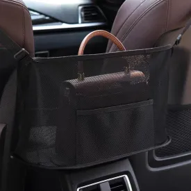 Car Net Pocket Handbag Holder, Large Capacity Auto Purse Storage Mesh Bag Between Front Seats, Universal Vehicle Organizer Barrier Net for Women, Men, Kids, and Pets (Black)