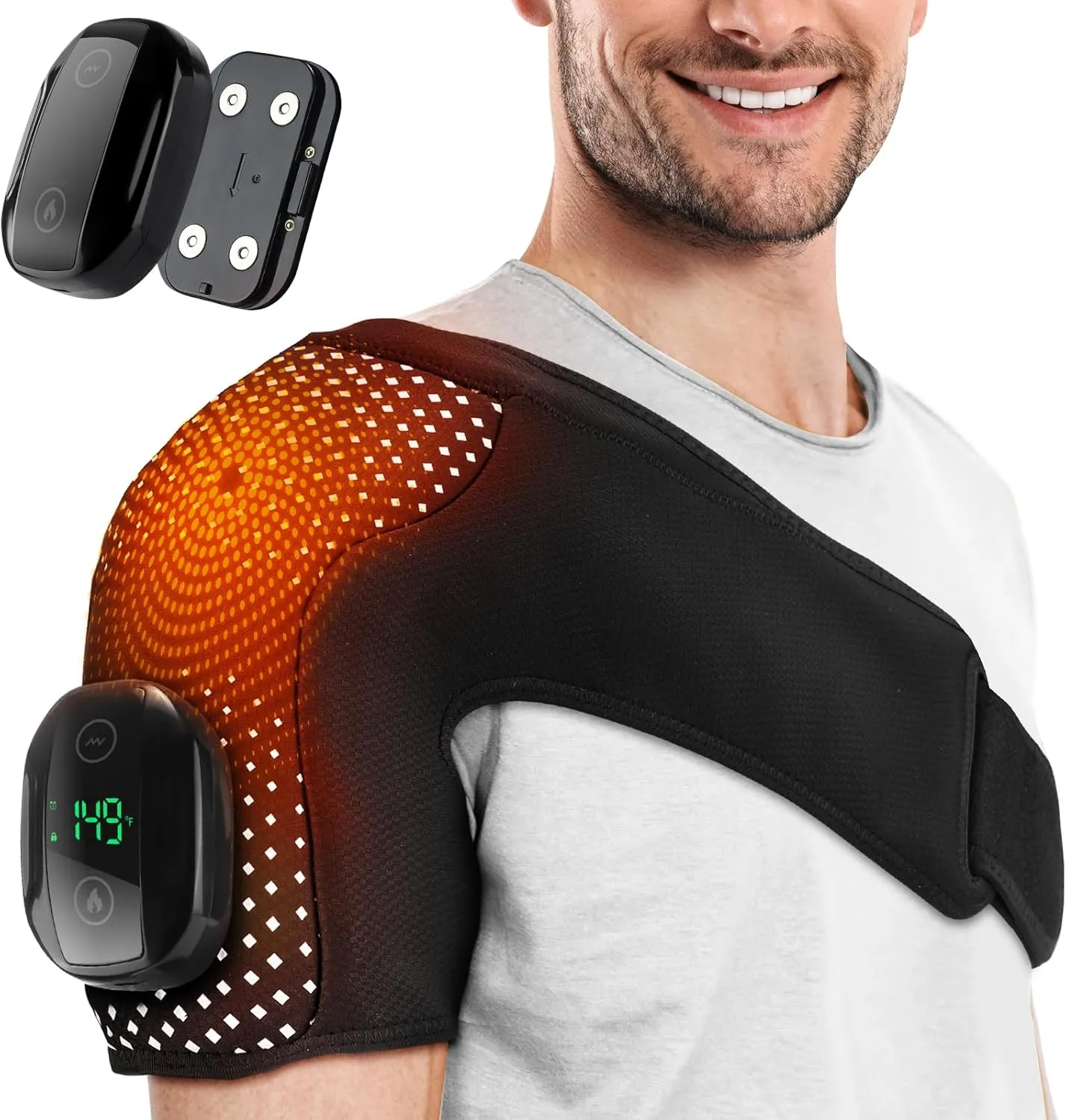 Cordless Shoulder Heating Pad, Heated Shoulder Massager, Heating Shoulder Brace with Detachable Controller, Electric Shoulder Heating Pad with 6 Heating Levels and 3 Vibration Modes, Black