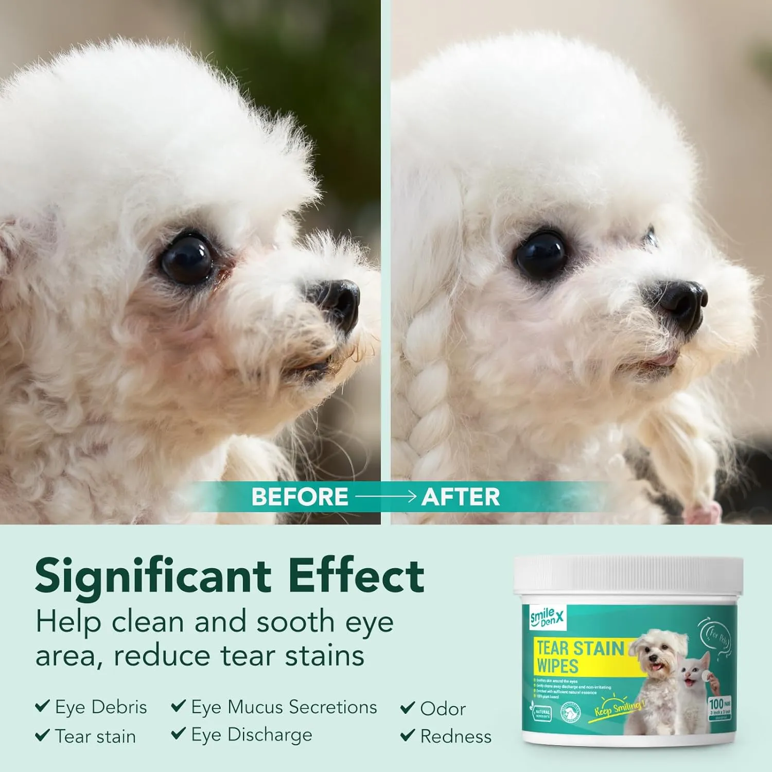 Dog Eye Wipes, Dog Eye Infection Treatment Gentle Eye Wipes for Dogs & Cats, Pet Eye Cleaner Wash Removes Discharge, Crust, Debris, and Gunk (100, Unscent)