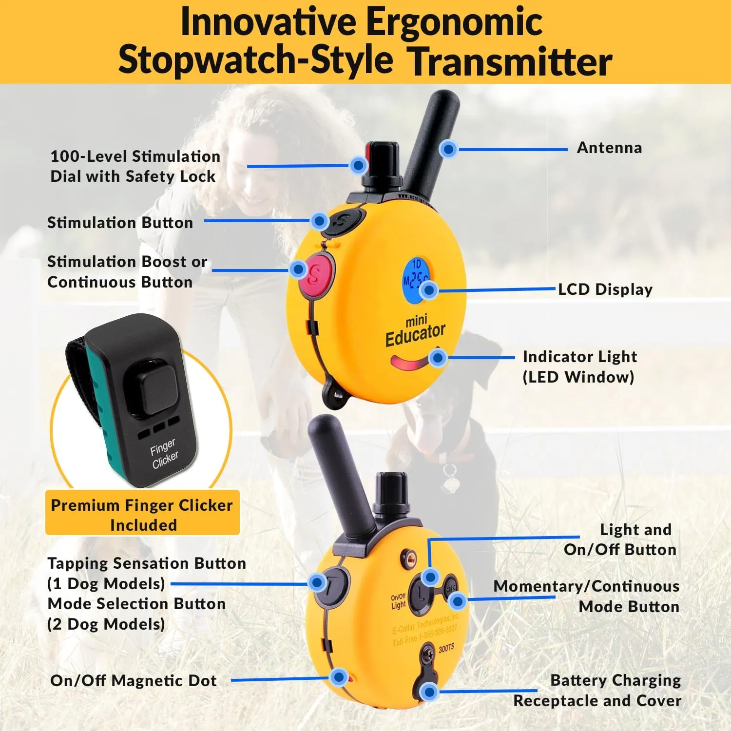 E-Collar  Educator ET-302-1/2 Mile Waterproof Remote Dog Training Collar Includes Premium Finger Clicker Trainer, 100 Programmable Levels   Vibration   Light   Sound