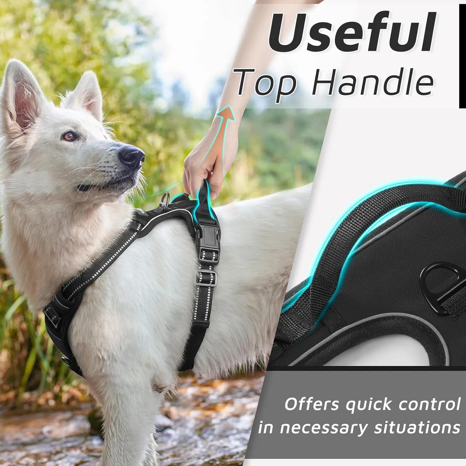 Eagloo Dog Harness Large Breed, No Pull Service Vest with Reflective Strips and Control Handle, Adjustable and Comfortable for Easy Walking, No Choke Pet Harness with 2 Metal Rings, Black, XL