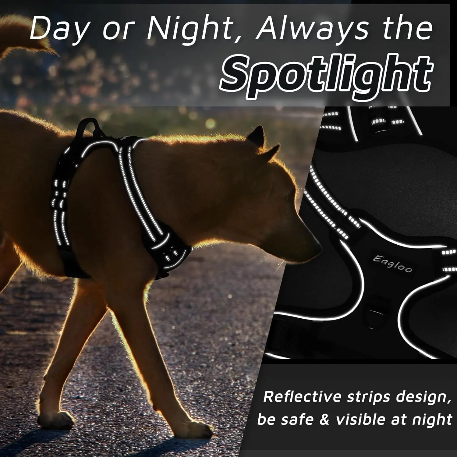 Eagloo Dog Harness Large Breed, No Pull Service Vest with Reflective Strips and Control Handle, Adjustable and Comfortable for Easy Walking, No Choke Pet Harness with 2 Metal Rings, Black, XL