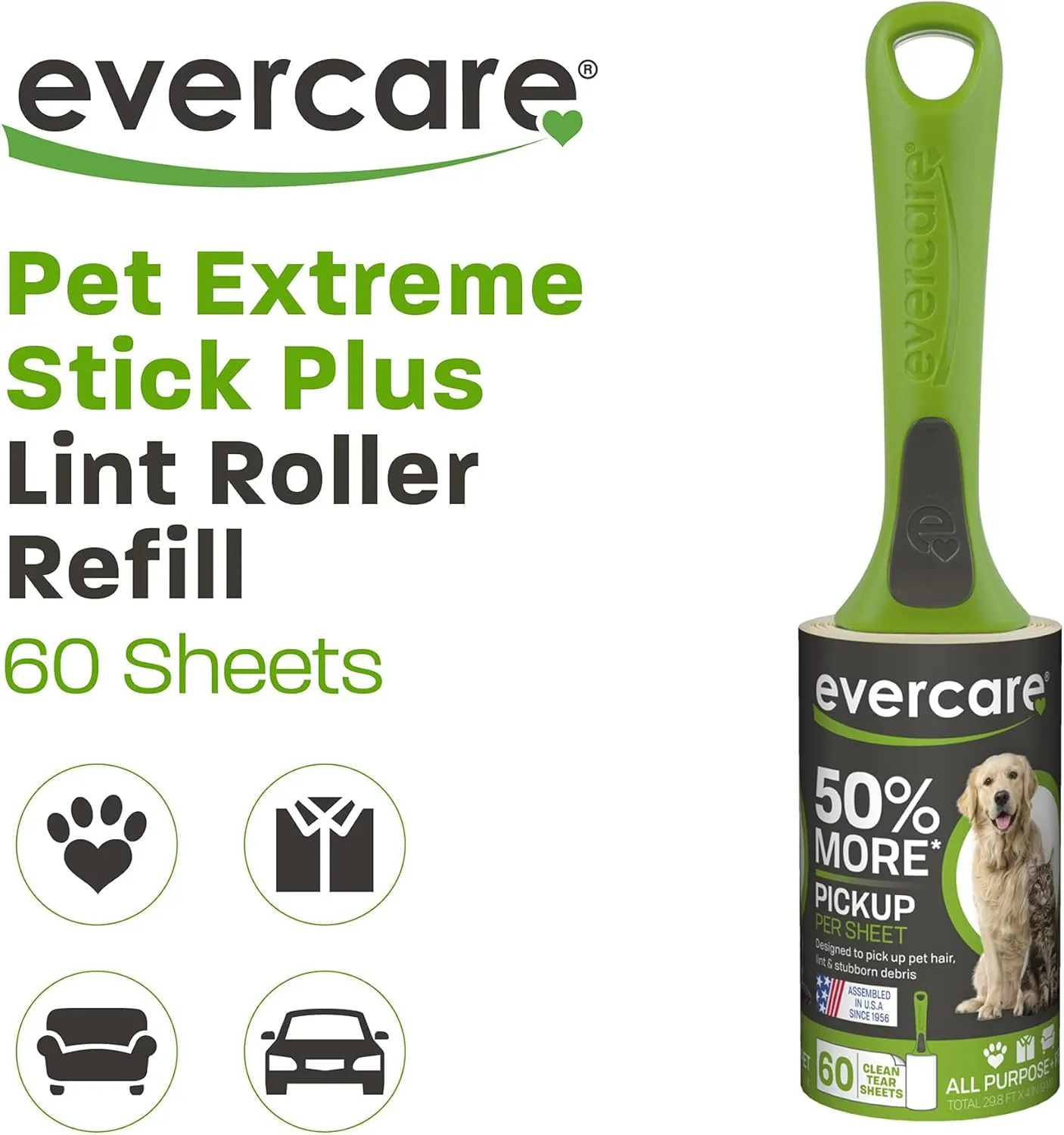 Evercare Value Pack of 5 Giant Extreme Stick Refillable Lint Rollers, 60 Sheets Each
