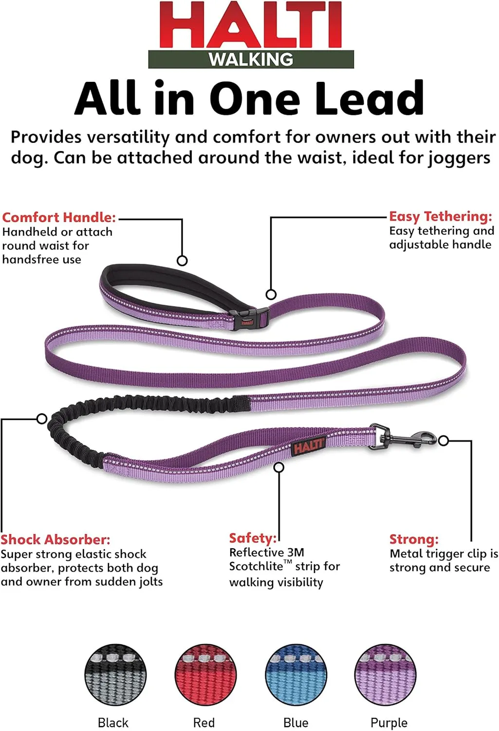 HALTI Active Leash - Award-Winning Bungee Dog Leash, Shock-Absorbing, All-in-One Neoprene Padded Belt & Lead, Perfect for Running & Training with Medium & Large Dogs (Size Large, Purple)
