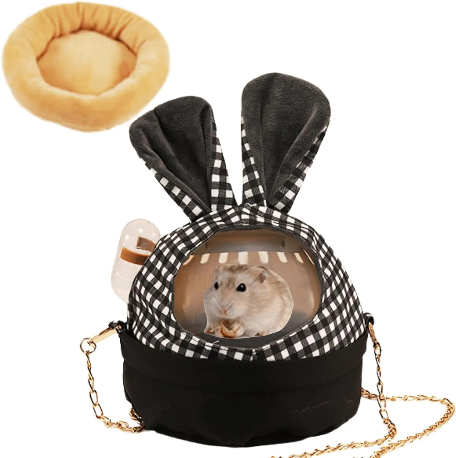 Hamster Carrier Cage with Lovely Cover and Chain Portable Cages Small Animals Carry Travel Case with Water Bottle Plastic Breathable Outgoing Cage for Dwarf Hamster Guinea Pig (Black)