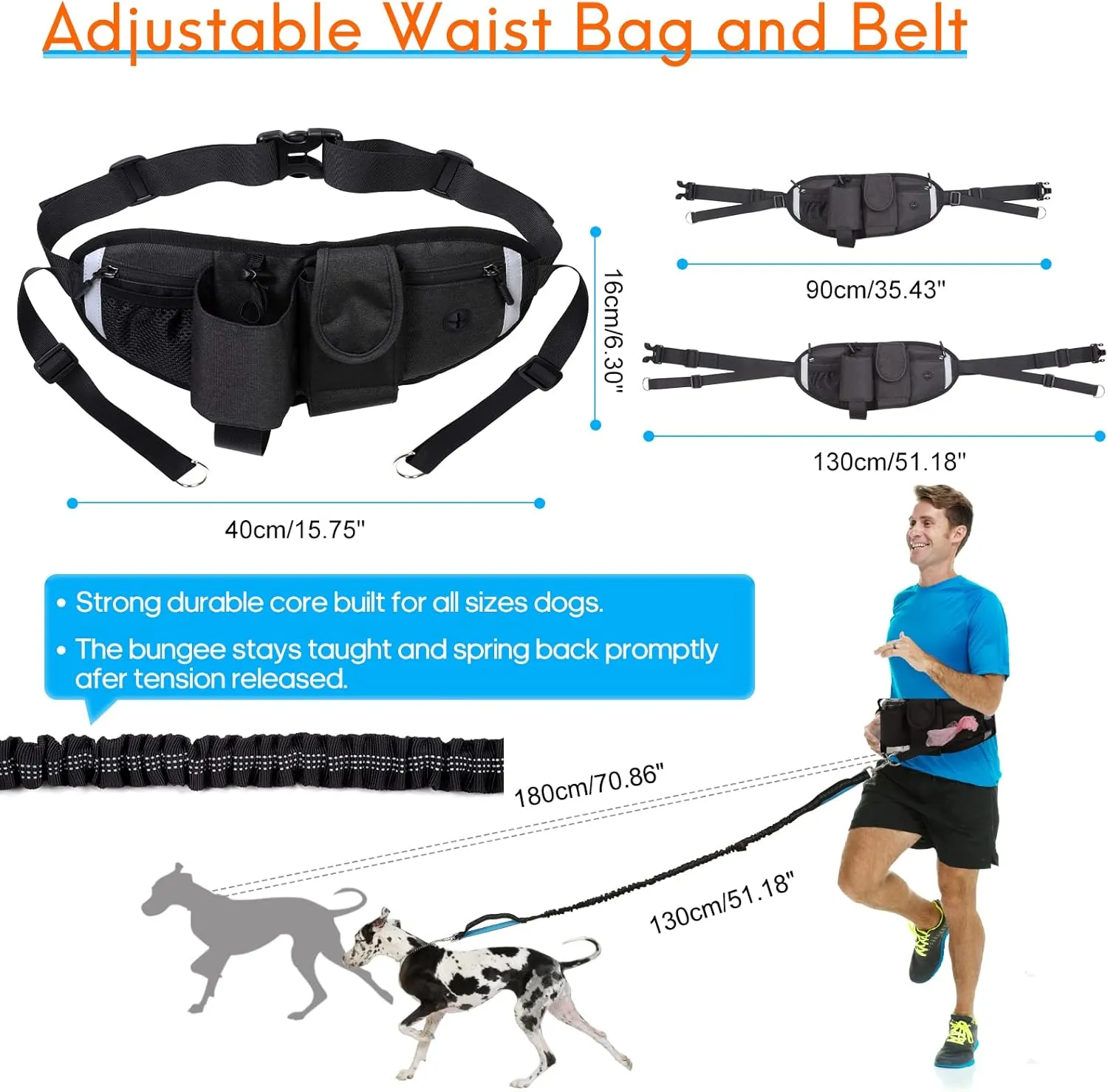 Hands Free Dog Leash with Waist Bag for Walking Small Medium Large Dogs, Reflective Bungee Leash with Car Seatbelt Buckle and Dual Padded Handles, Adjustable Waist Belt (Black, L)