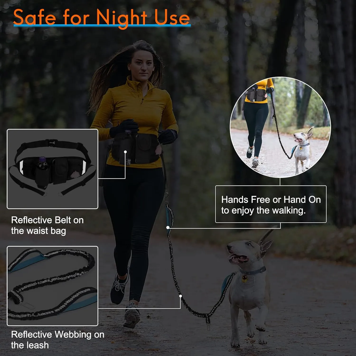 Hands Free Dog Leash with Waist Bag for Walking Small Medium Large Dogs, Reflective Bungee Leash with Car Seatbelt Buckle and Dual Padded Handles, Adjustable Waist Belt (Black, L)