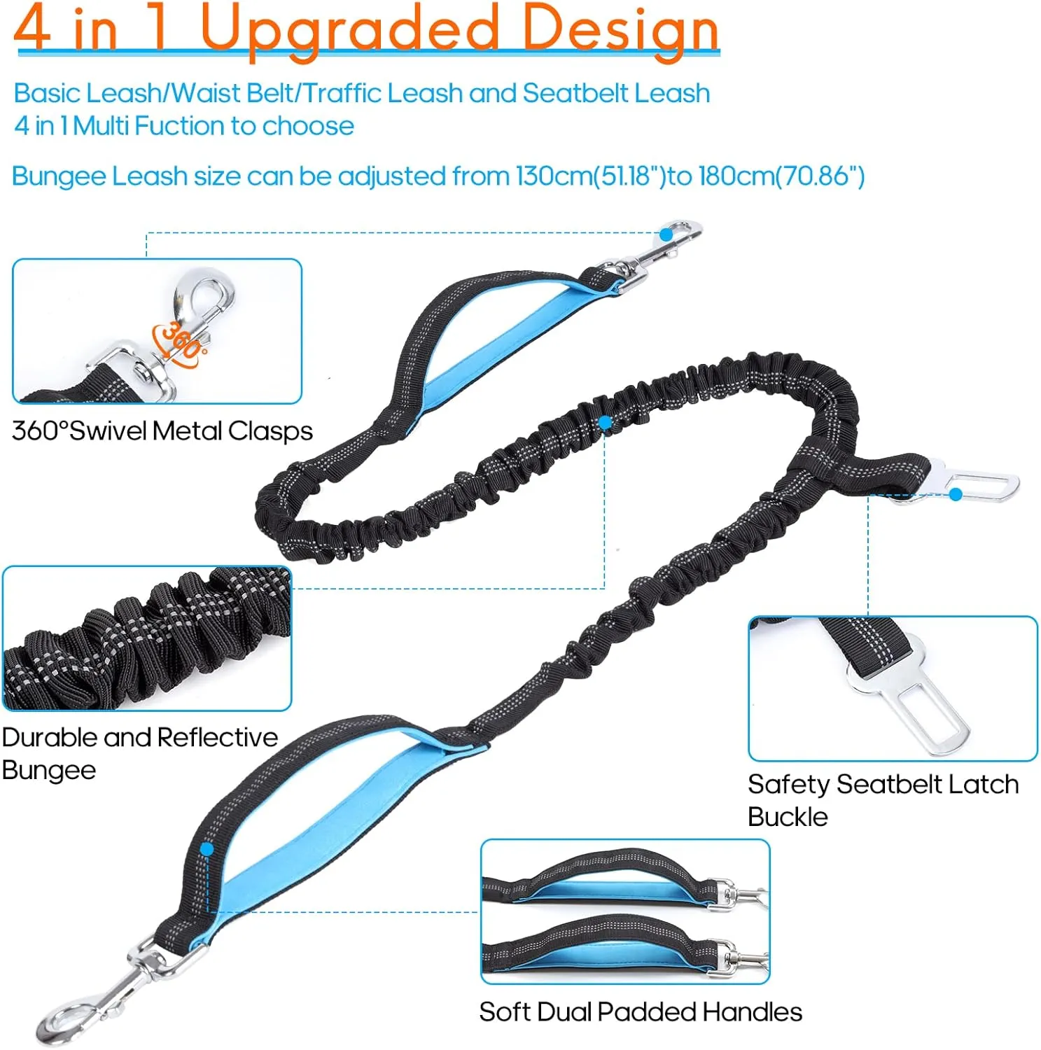 Hands Free Dog Leash with Waist Bag for Walking Small Medium Large Dogs, Reflective Bungee Leash with Car Seatbelt Buckle and Dual Padded Handles, Adjustable Waist Belt (Black, L)