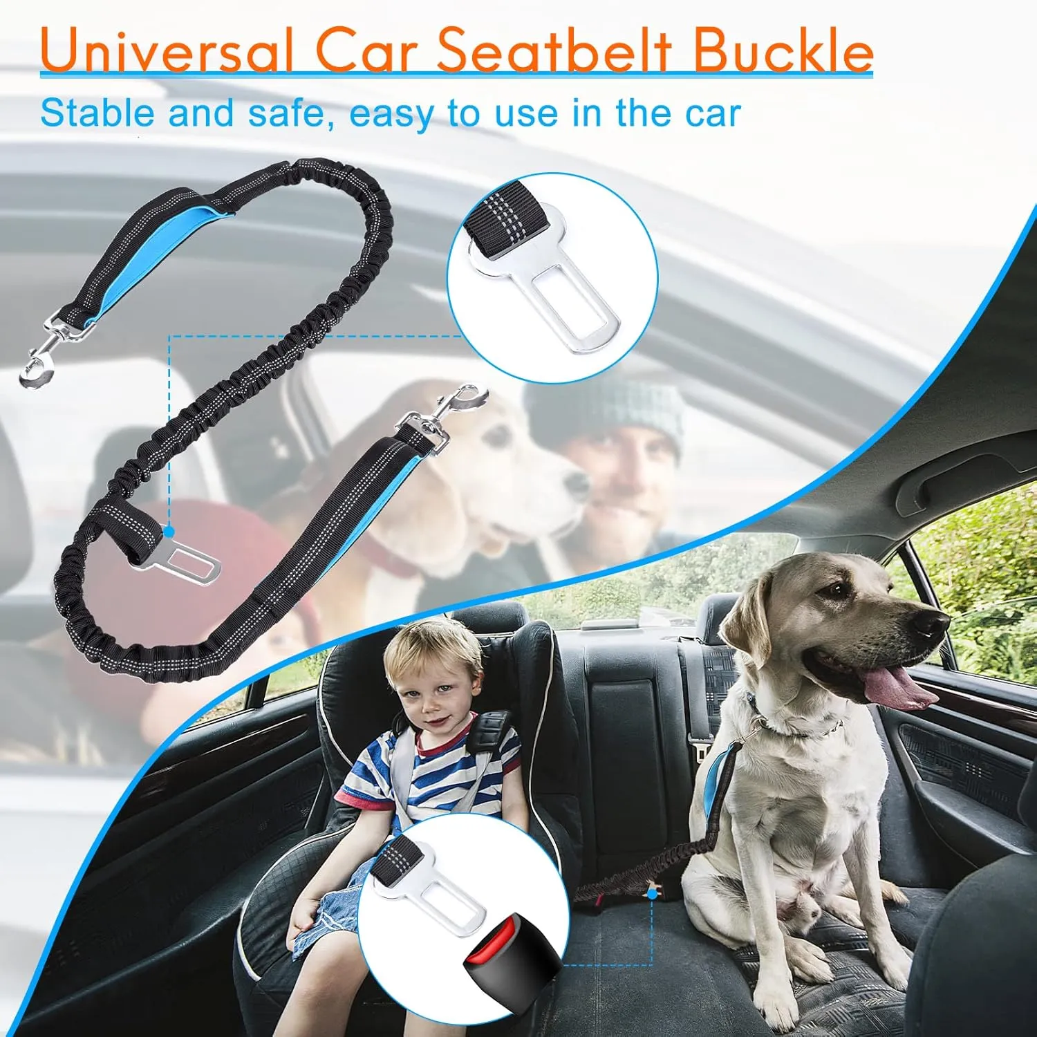 Hands Free Dog Leash with Waist Bag for Walking Small Medium Large Dogs, Reflective Bungee Leash with Car Seatbelt Buckle and Dual Padded Handles, Adjustable Waist Belt (Black, L)