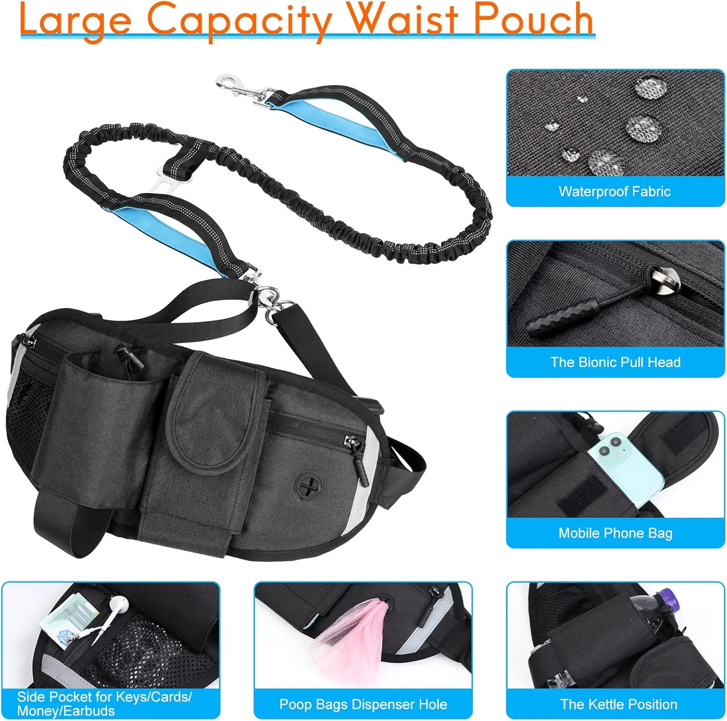 Hands Free Dog Leash with Waist Bag for Walking Small Medium Large Dogs, Reflective Bungee Leash with Car Seatbelt Buckle and Dual Padded Handles, Adjustable Waist Belt (Black, L)