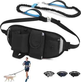 Hands Free Dog Leash with Waist Bag for Walking Small Medium Large Dogs, Reflective Bungee Leash with Car Seatbelt Buckle and Dual Padded Handles, Adjustable Waist Belt (Black, L)