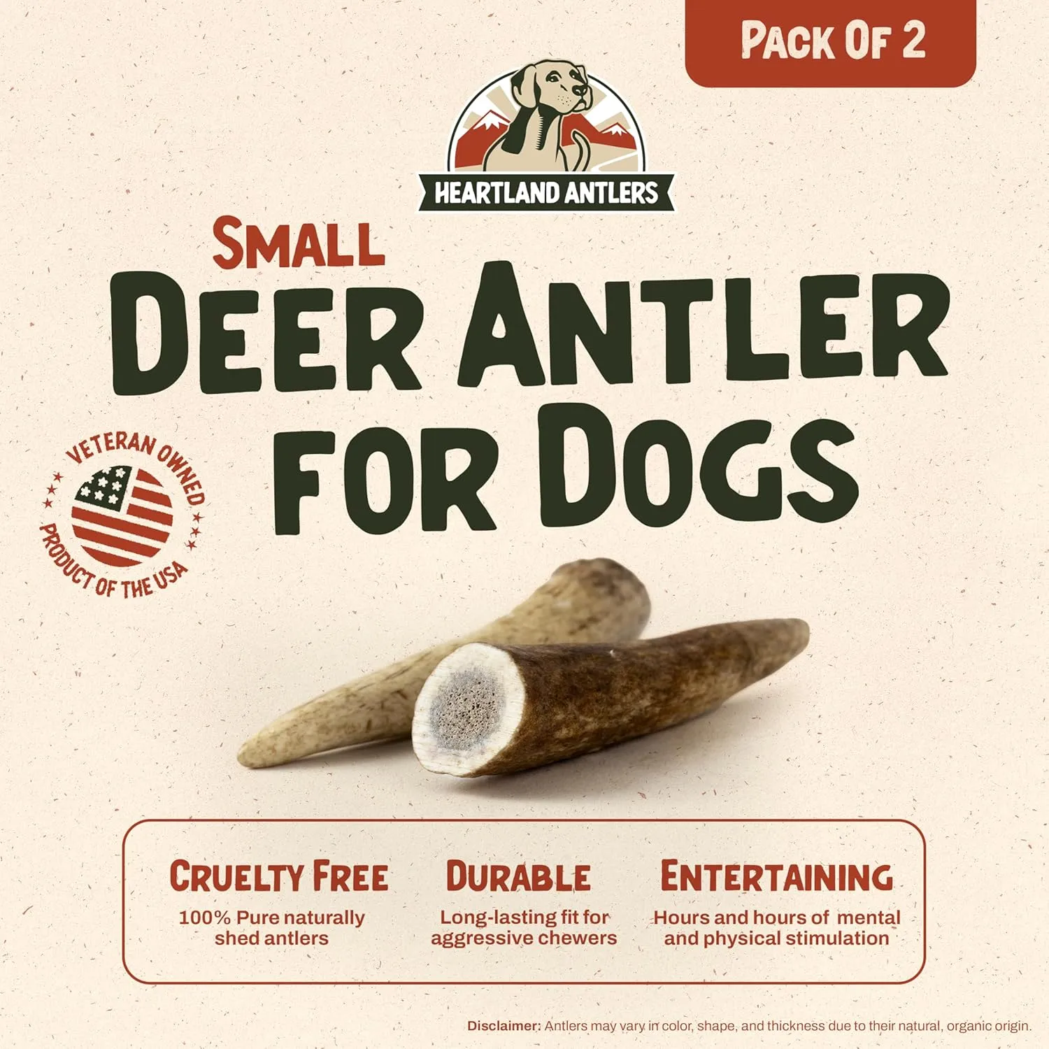 Heartland Deer Antlers for Dogs (Small, 45", Deer, 2-Pack)  Grade A, Naturally Shed | Odor-Free Chew Toy for Puppies & Aggressive Chewers | Long-Lasting | USA Made | Veteran Owned