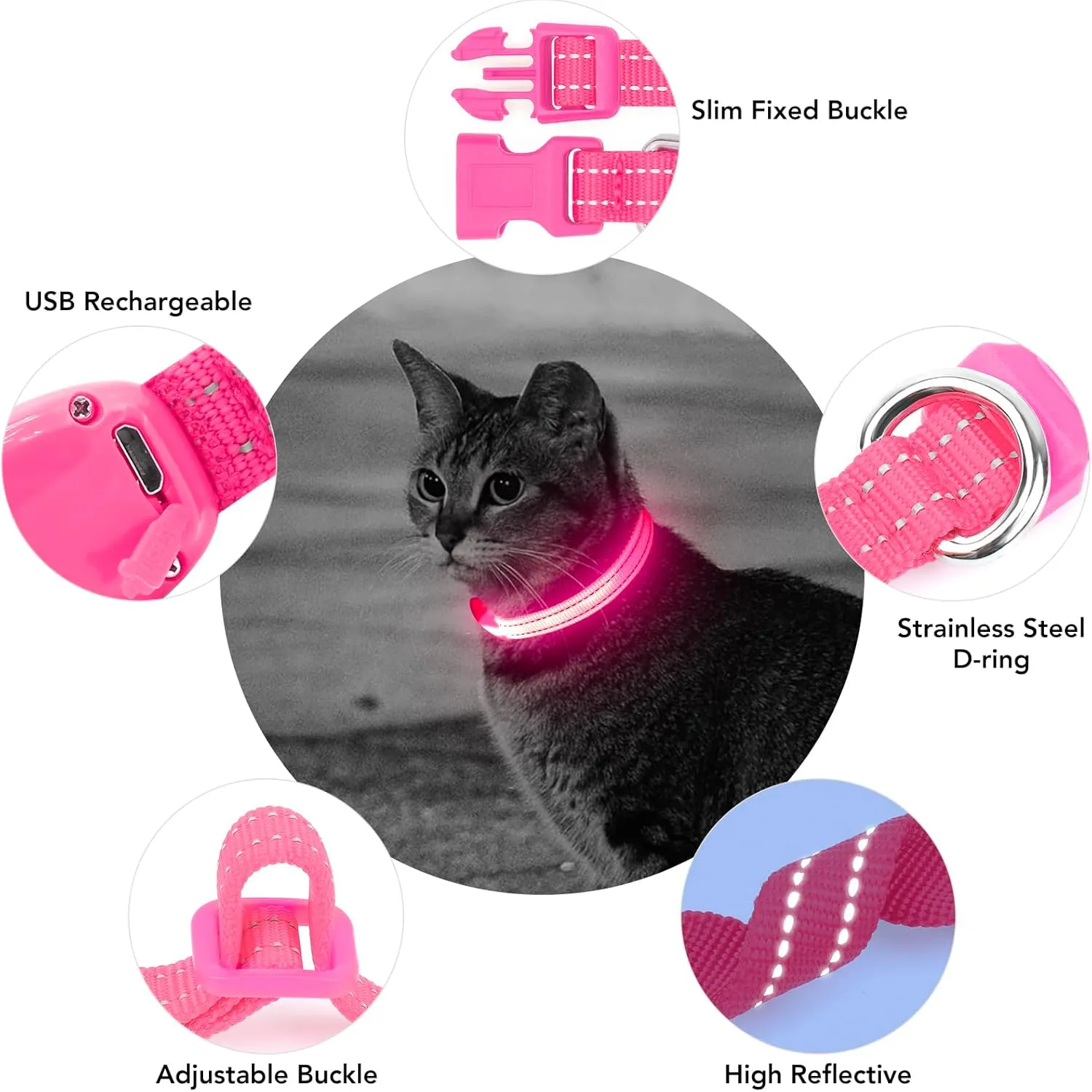 Light up Dog Collar for Small Dog,Vizpet XS Adjustable Size Nylon Collar USB Rechargeable Bright Safety Pet Collar for Cats Dogs (Pink)