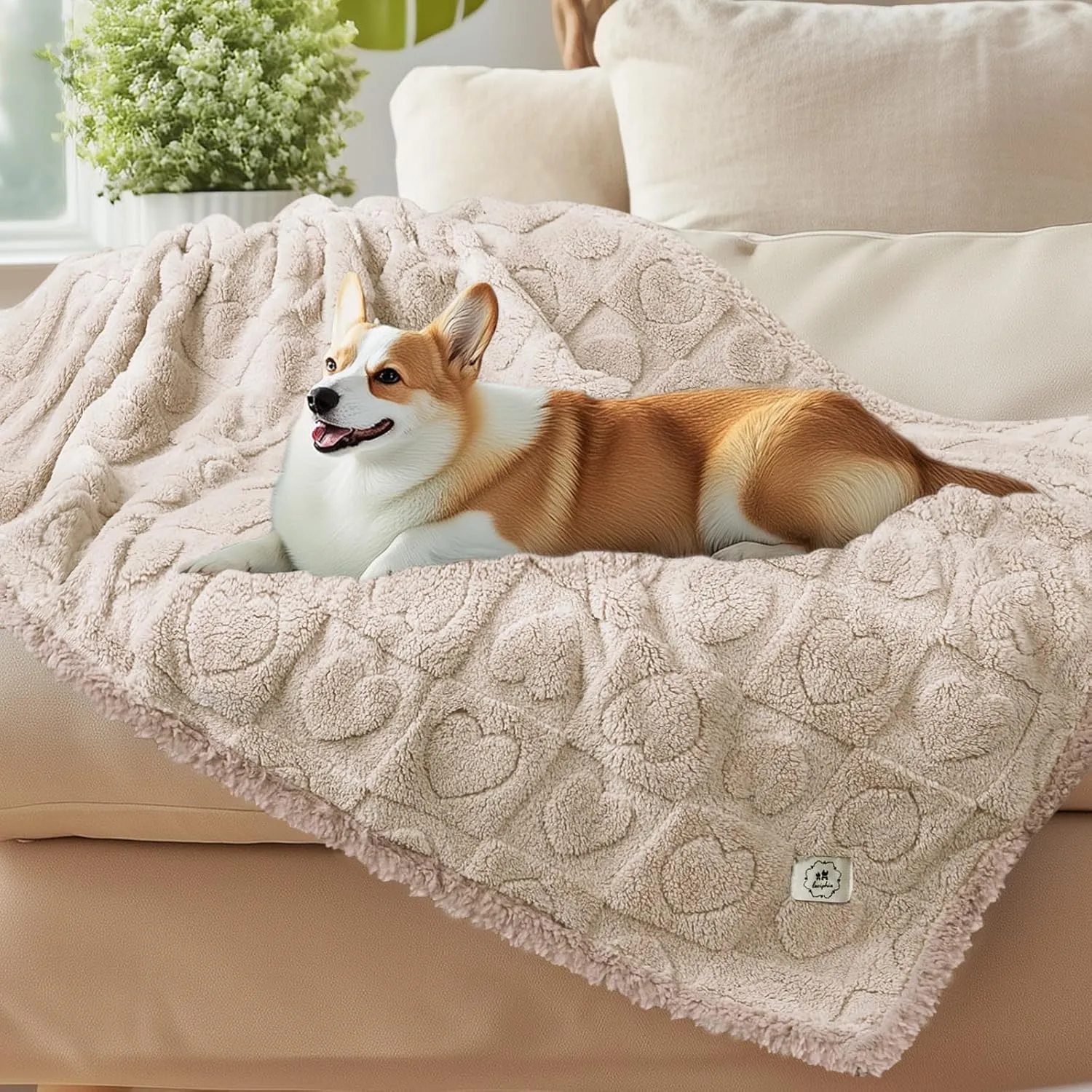 Luciphia Waterproof Blanket for Large Dogs Washable Pet Bed Cover Soft Fluffy Puppy Couch Protector with Premium Fleece Cozy Calming Cat Blankets for Indoor Cats Beige 57x40 inch