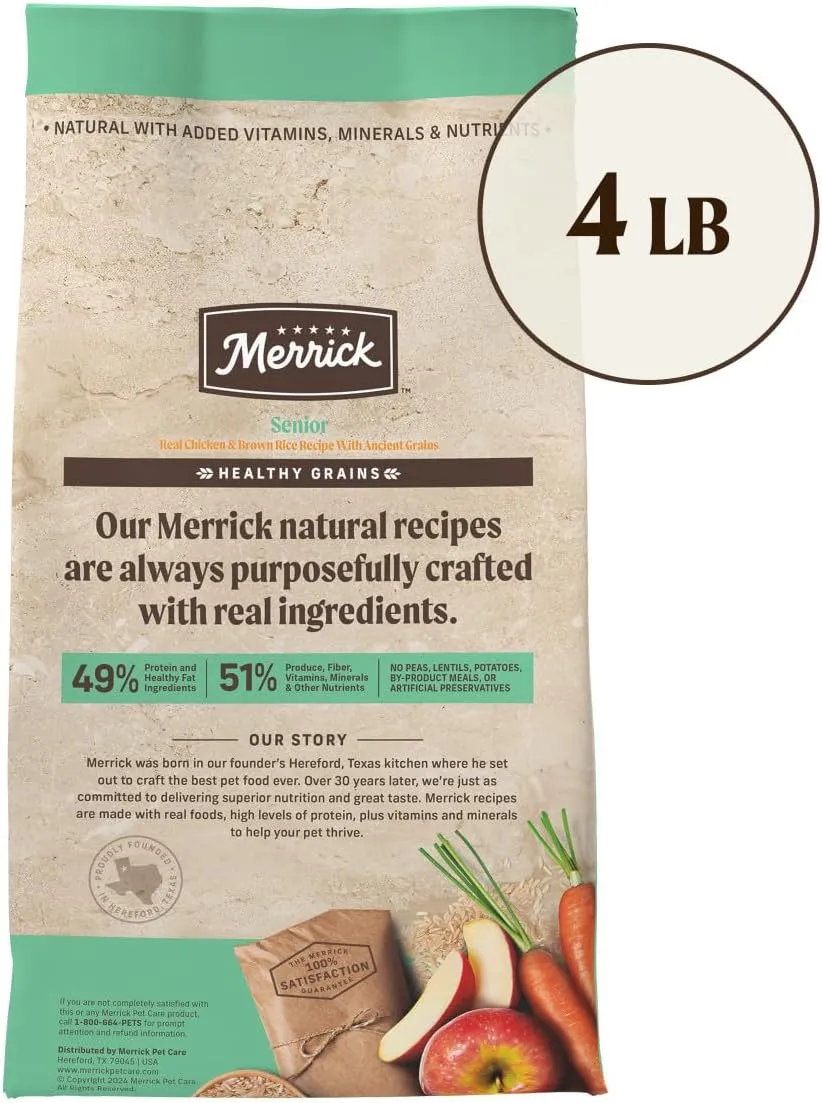 Merrick Healthy Grains Premium Dry Dog Food, Wholesome and Natural Dry Chicken Kibble, Senior Recipe - 4.0 lb. Bag