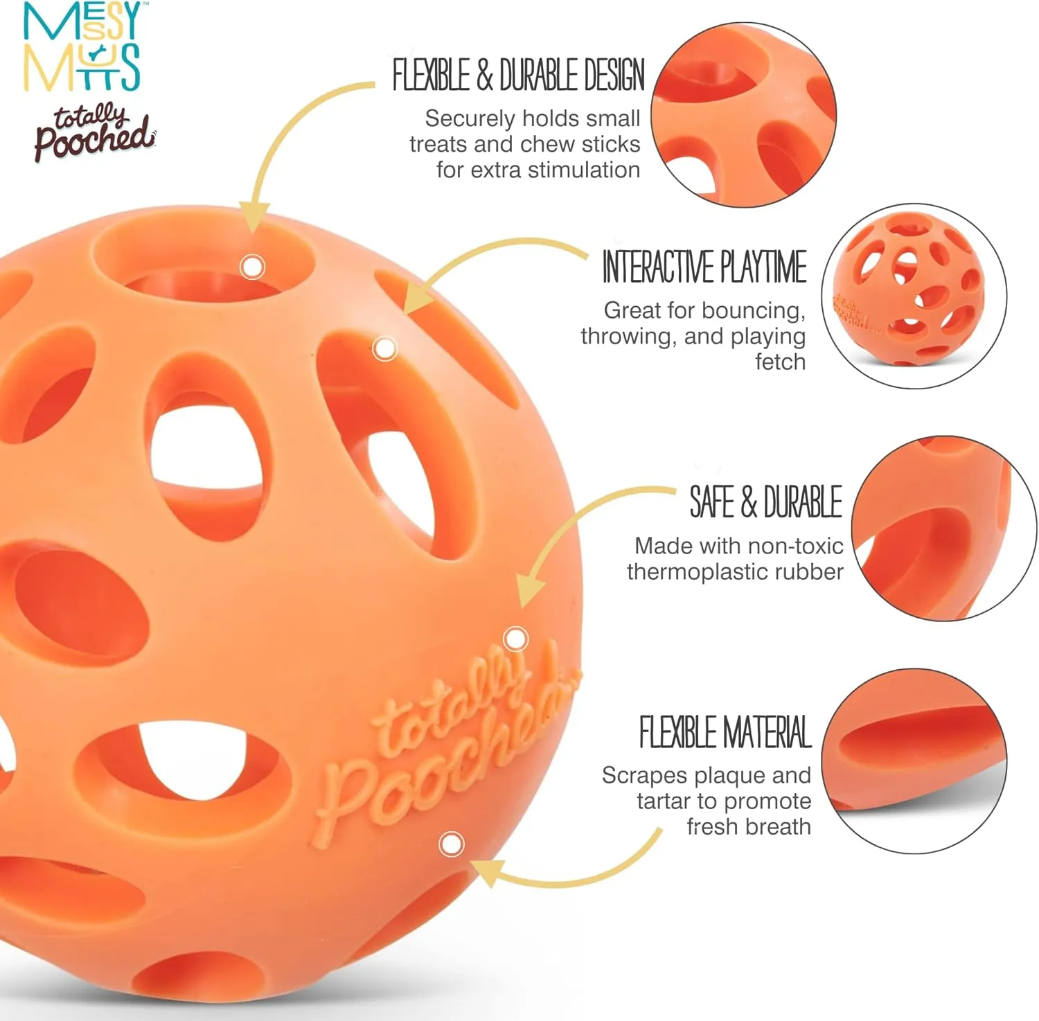 Messy Mutts Totally Pooched Huff'n Puff Ball | 3.1 TPR Puzzle Ball for Dogs | 2-in-1 Durable Interactive Toy and Tooth Cleaner | Orange