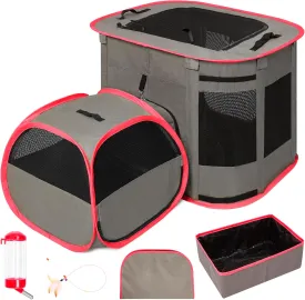 Multi-Purpose Cat Enclosure Playpen - Foldable Indoor & Outdoor Cat Kennel with Private Bathroom, Water Bottle, Teasing Stick, Litter Box, and Waterproof Mat