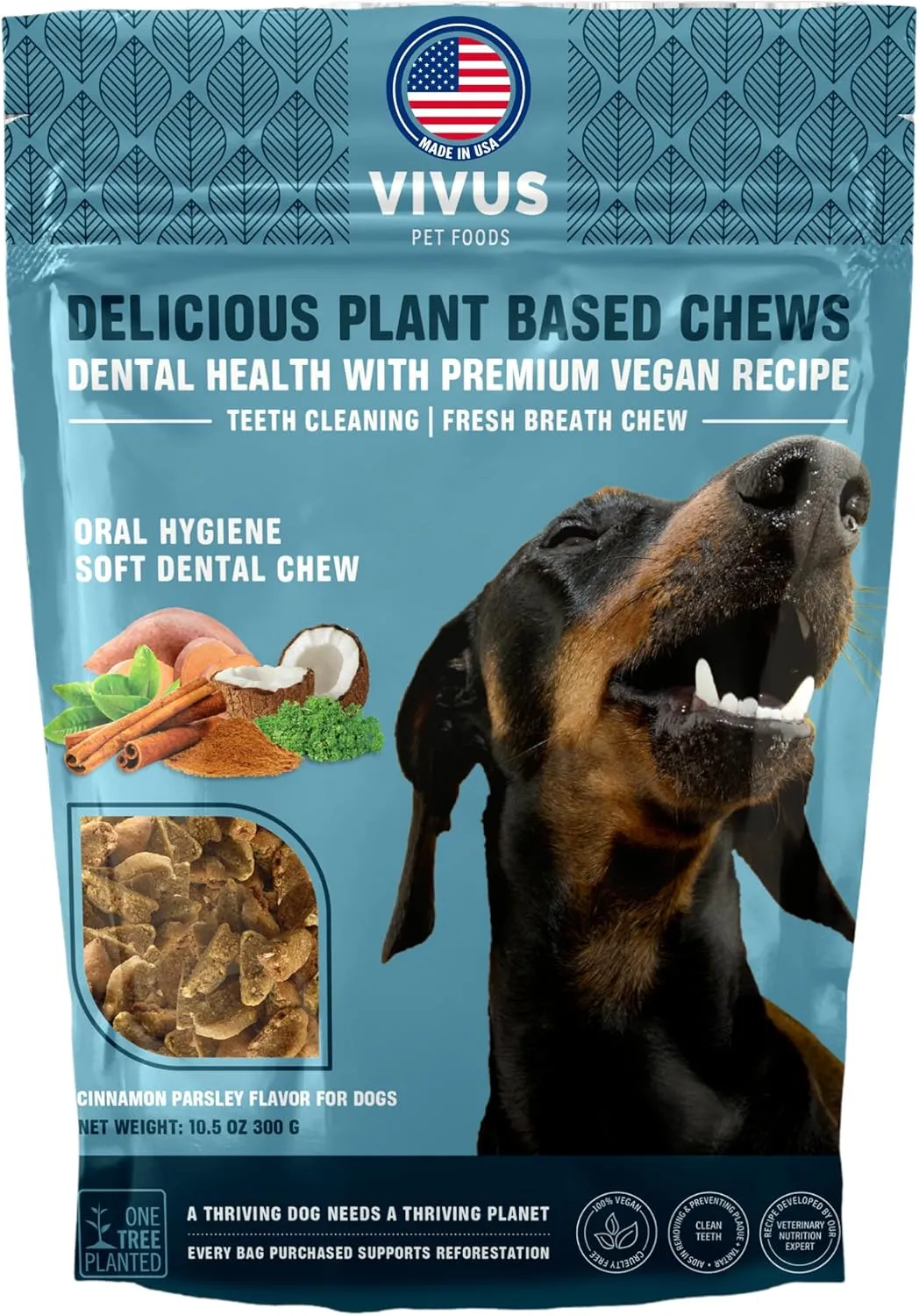 Nautral Vegan Dental Chews for Dogs - Cinnamon Parsley Flavor to Help Clean Teeth & Freshen Breath - Dental Dog Treats with Natural Ingredients for All Breeds and Sizes, 10.5 Oz