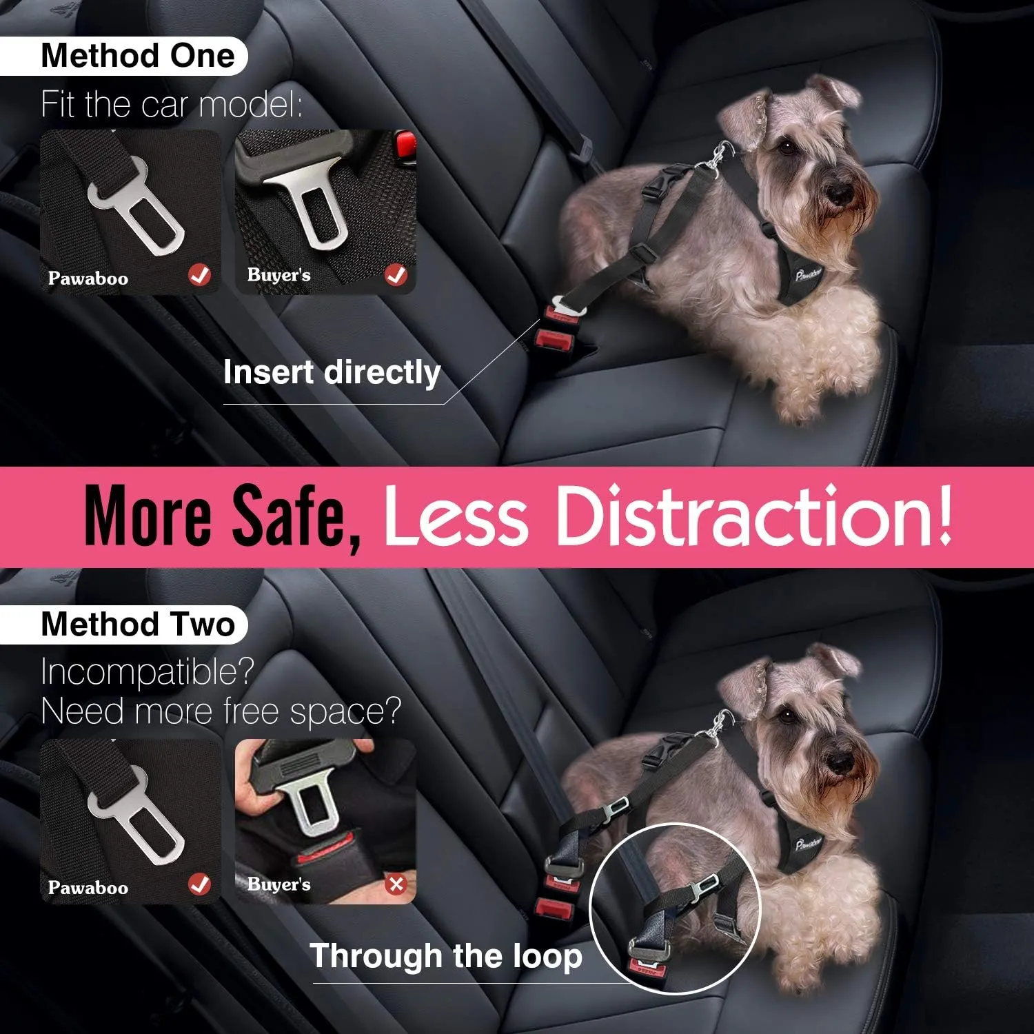 Pawaboo Adjustable Dog Safety Vest Harness with Seatbelt, Dog Seat Belt Harness for Car with Vehicle Connector Strap, Breathable Dog Seatbelt Safety Tether for Small Medium Large Pet, XL, Black