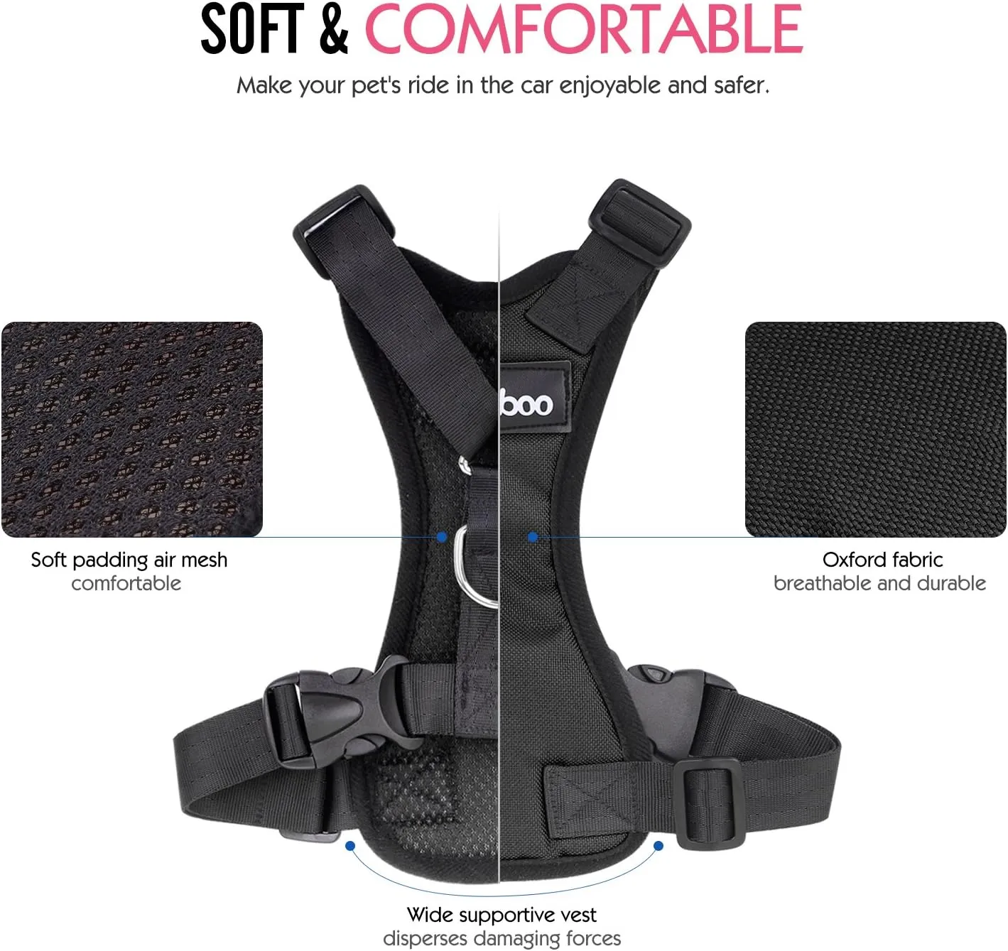 Pawaboo Adjustable Dog Safety Vest Harness with Seatbelt, Dog Seat Belt Harness for Car with Vehicle Connector Strap, Breathable Dog Seatbelt Safety Tether for Small Medium Large Pet, XL, Black