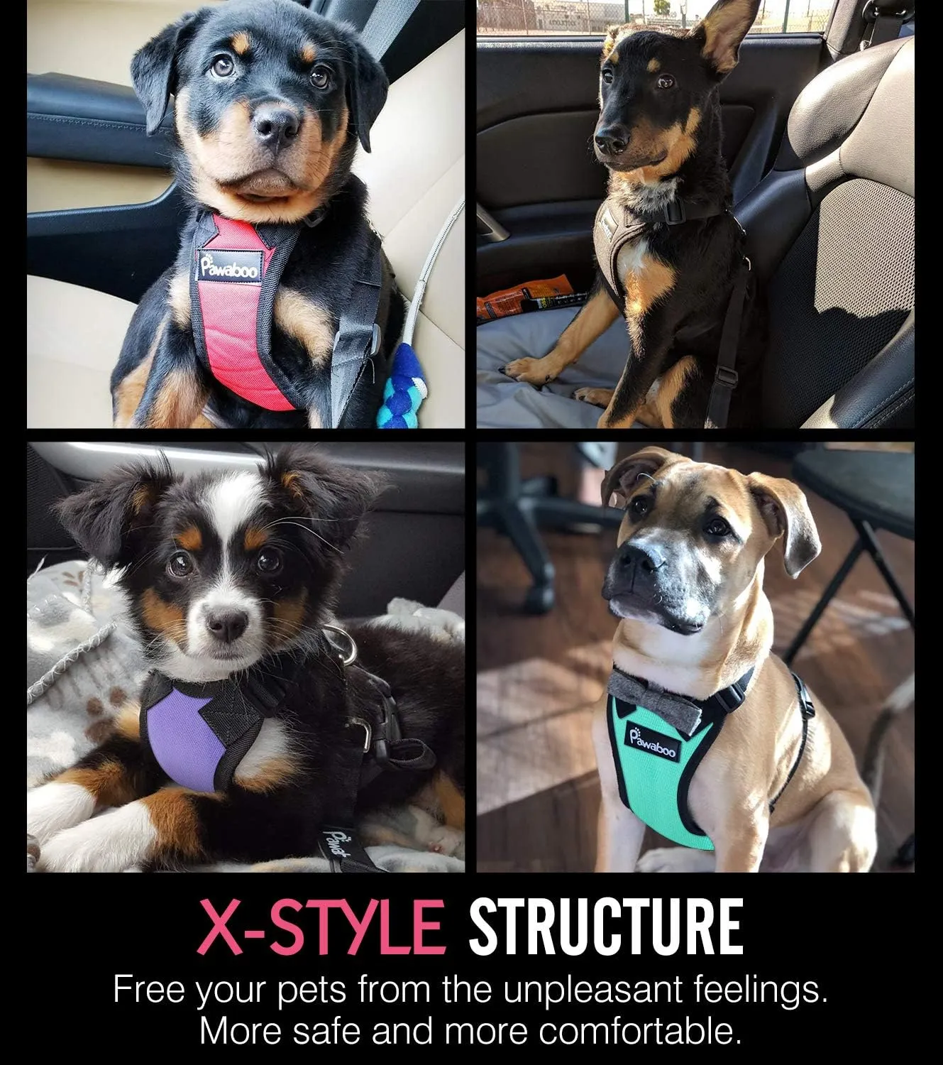 Pawaboo Adjustable Dog Safety Vest Harness with Seatbelt, Dog Seat Belt Harness for Car with Vehicle Connector Strap, Breathable Dog Seatbelt Safety Tether for Small Medium Large Pet, XL, Black