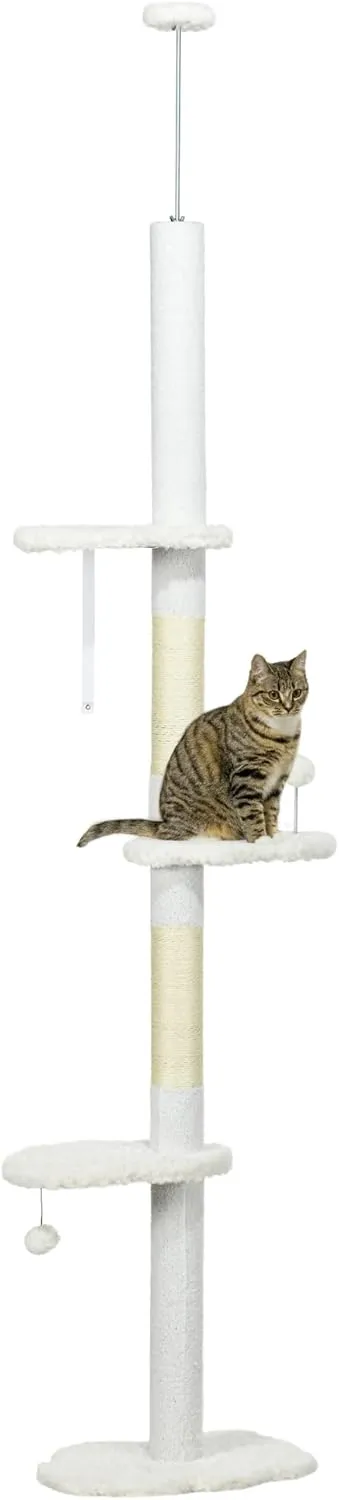 PawHut Floor to Ceiling Cat Tree with Scratching Posts, 88.5"-100.5" Adjustable Height, Cat Climbing Tower with Cloud Shape Platforms, Toy Balls, Anti-toppling Device, White