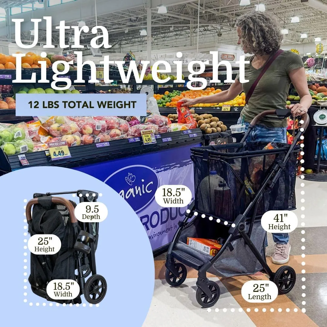 Personal Luxury Folding Shopping Cart On Premium Wheels  Ultra Lightweight Aluminum Frame  Removable Shopping Bag with Carry Strap & Lower Grocery Storage 75Lbs Capacity (Sage v2)