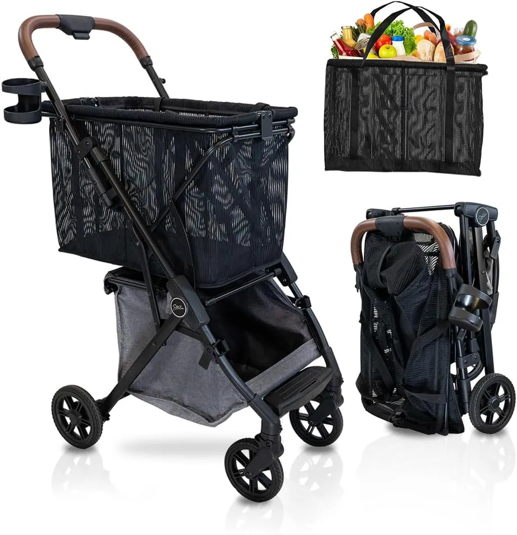Personal Luxury Folding Shopping Cart On Premium Wheels  Ultra Lightweight Aluminum Frame  Removable Shopping Bag with Carry Strap & Lower Grocery Storage 75Lbs Capacity (Shadow v2)