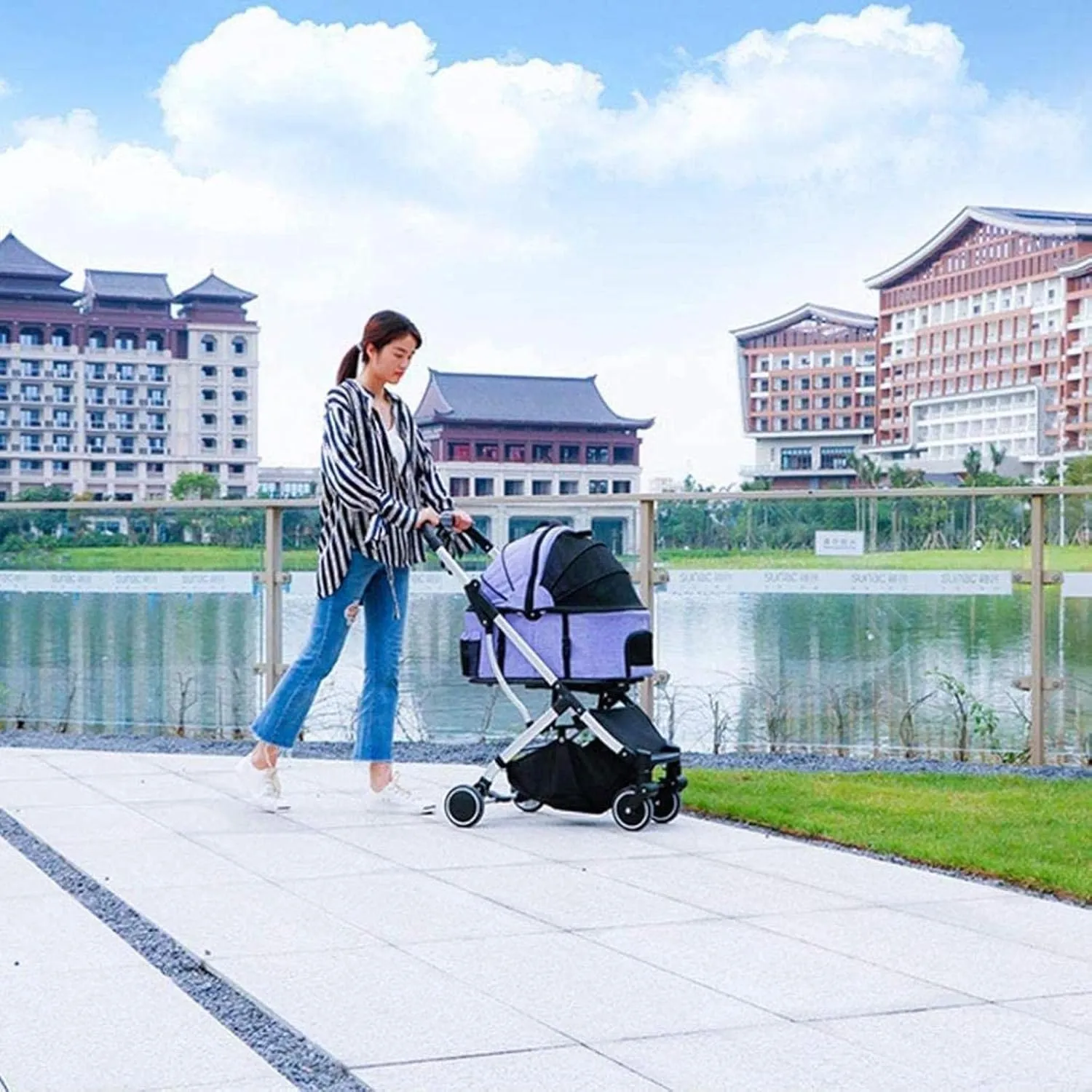 Pet Dog Cat Stroller Vet Pram Dog Trolley Carrier for Traveling Dog Pushchair with 2 Front Swivel Wheels (Black) (Black)
