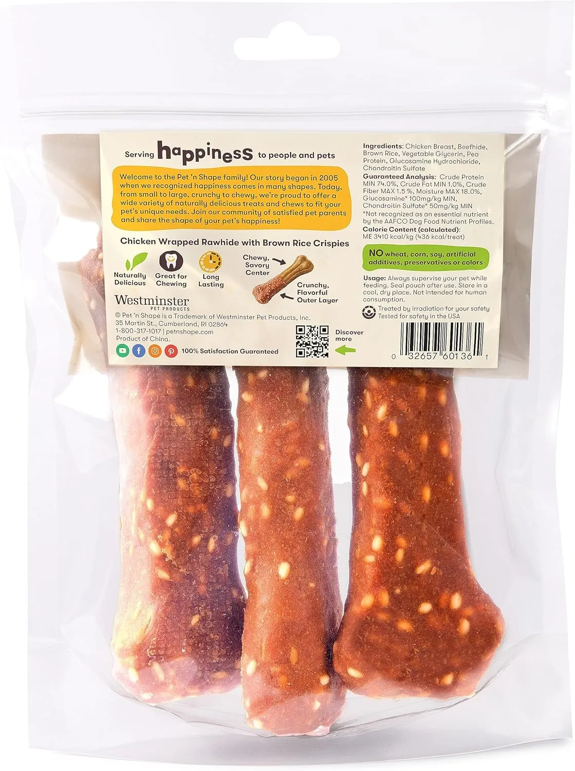 Pet 'n Shape Long Lasting Chewz Dog Treats - Chicken Wrapped Rawhide - 3 Bones, 6-Inch Long