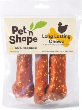 Pet 'n Shape Long Lasting Chewz Dog Treats - Chicken Wrapped Rawhide - 3 Bones, 6-Inch Long