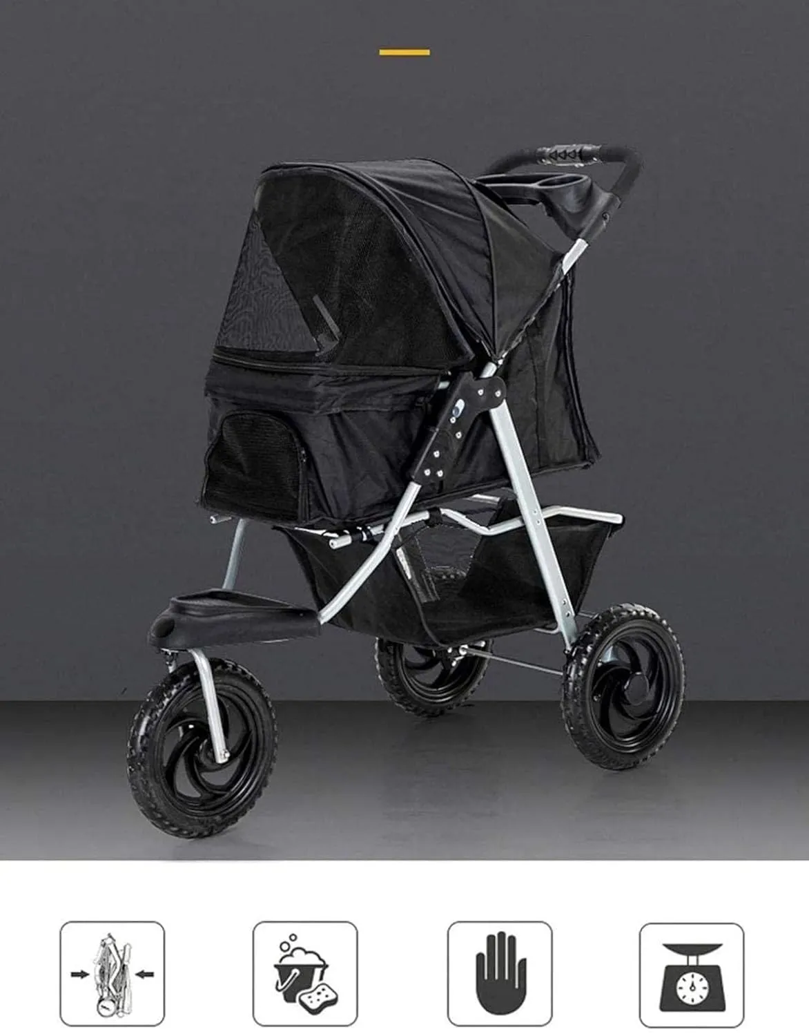 Pet Stroller for Dogs Cats, Foldable Shockproof Trolley Carrier with Front Swivel Wheels & Cup Holder 3 Wheels Travel Buggy, Grey (Pink)
