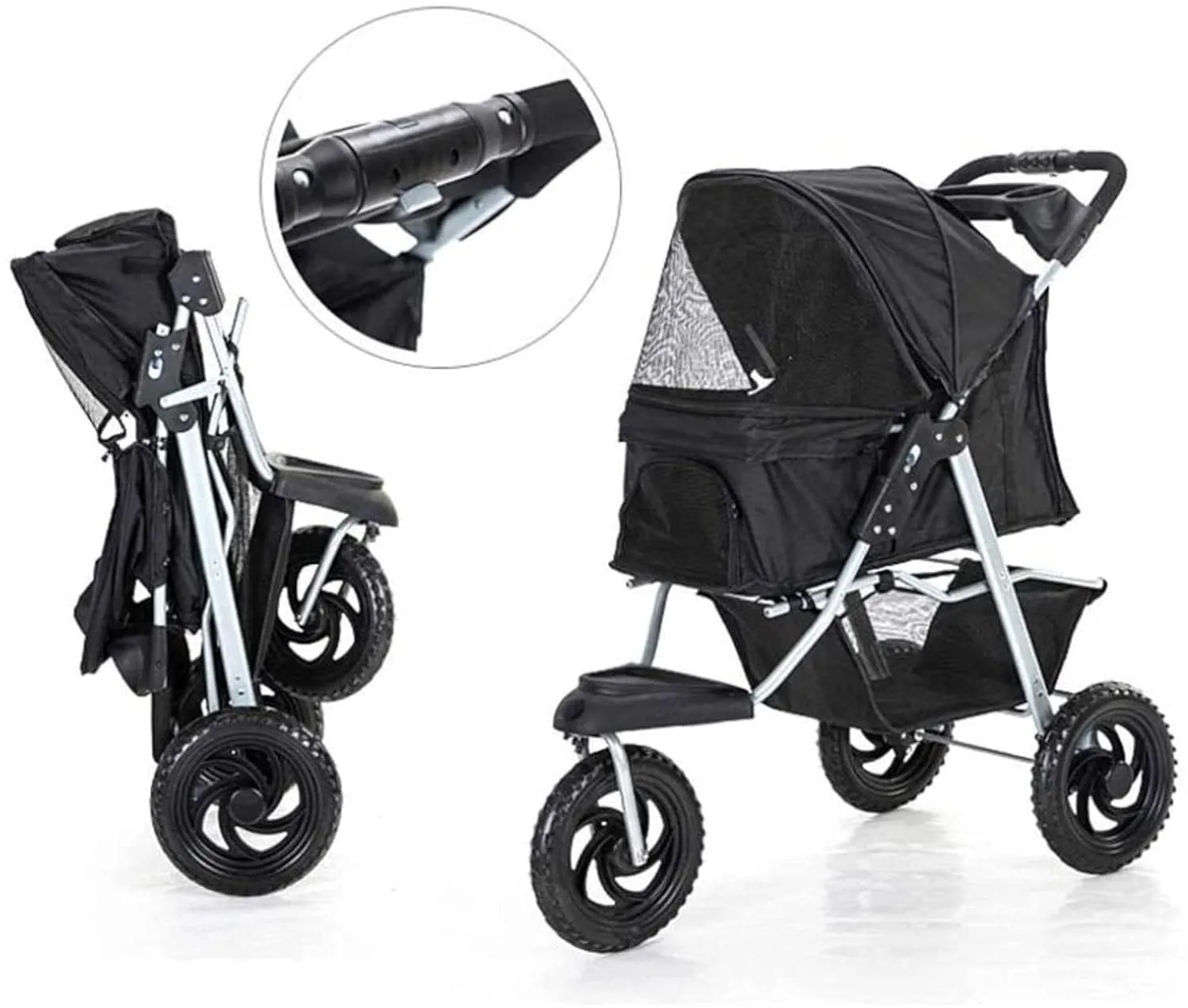 Pet Stroller for Dogs Cats, Foldable Shockproof Trolley Carrier with Front Swivel Wheels & Cup Holder 3 Wheels Travel Buggy, Grey (Pink)