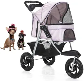 Pet Stroller for Dogs Cats, Foldable Shockproof Trolley Carrier with Front Swivel Wheels & Cup Holder 3 Wheels Travel Buggy, Grey (Pink)