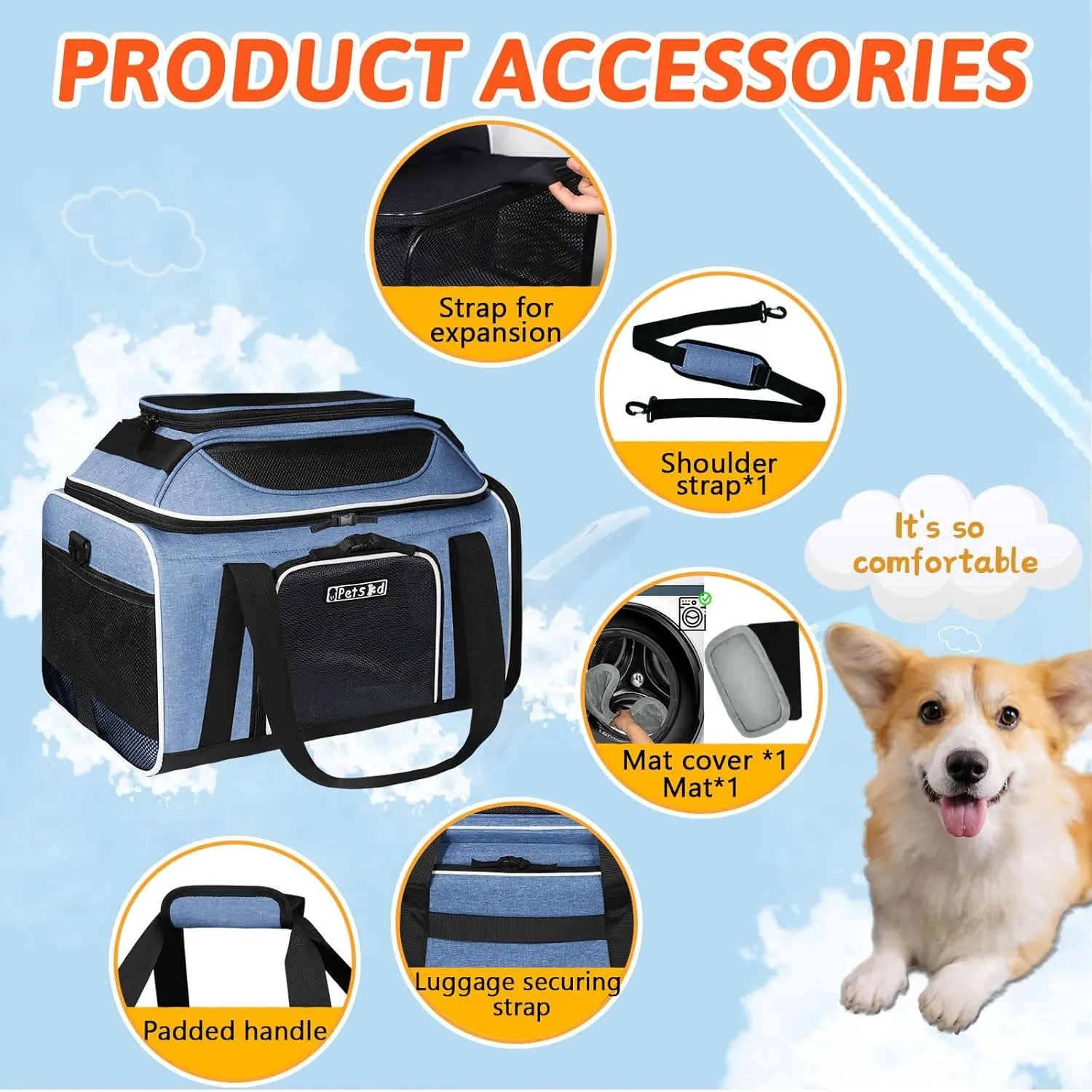 Petskd Top and Side Expandable Pet Carrier 17x11x9.5 Inches Alaska Airline Approved, Soft-Sided Carrier for Small Cats and Dogs with Locking Safety Zippers and Anti-Scratch Mesh(Blue)
